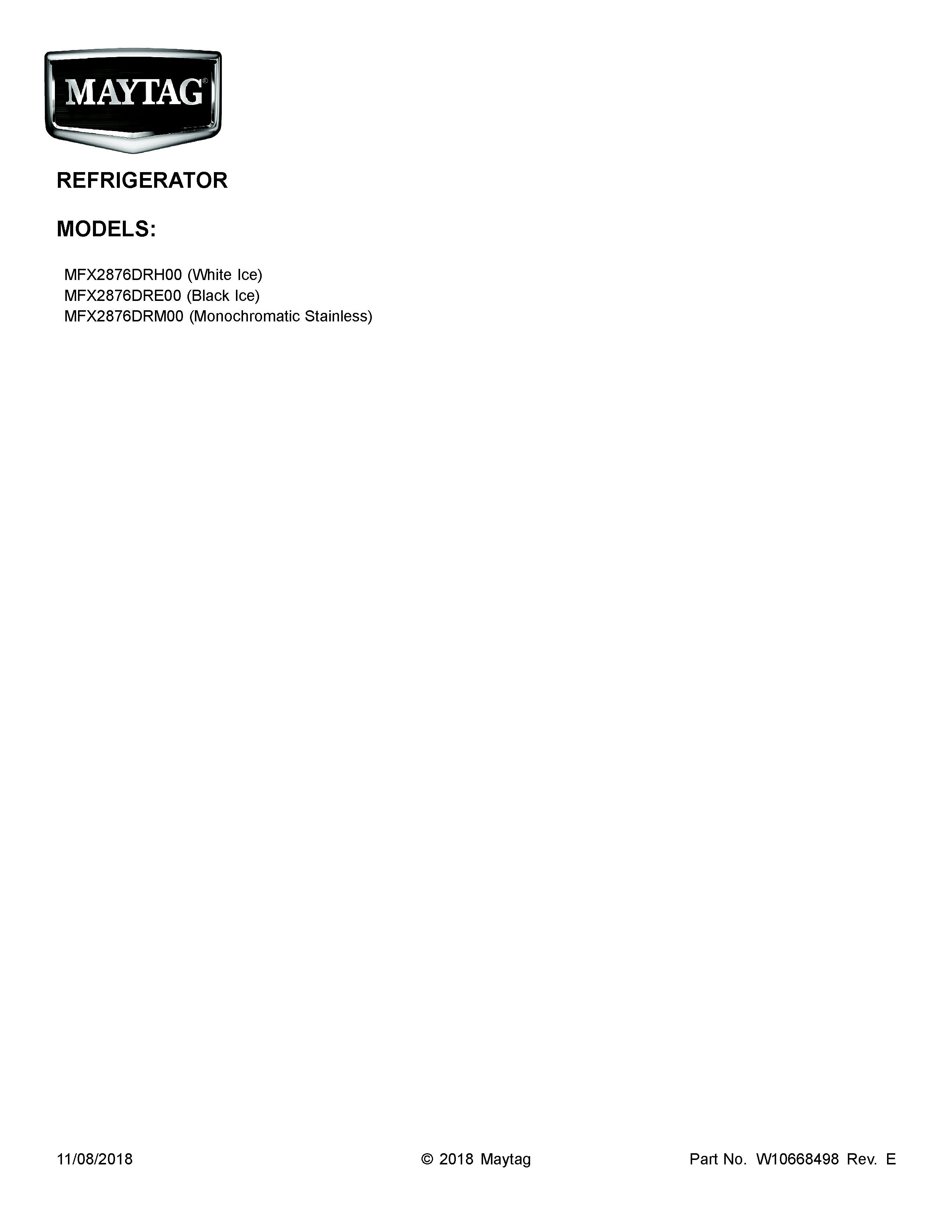 Maytag MFX2876DRH00 cover sheet diagram