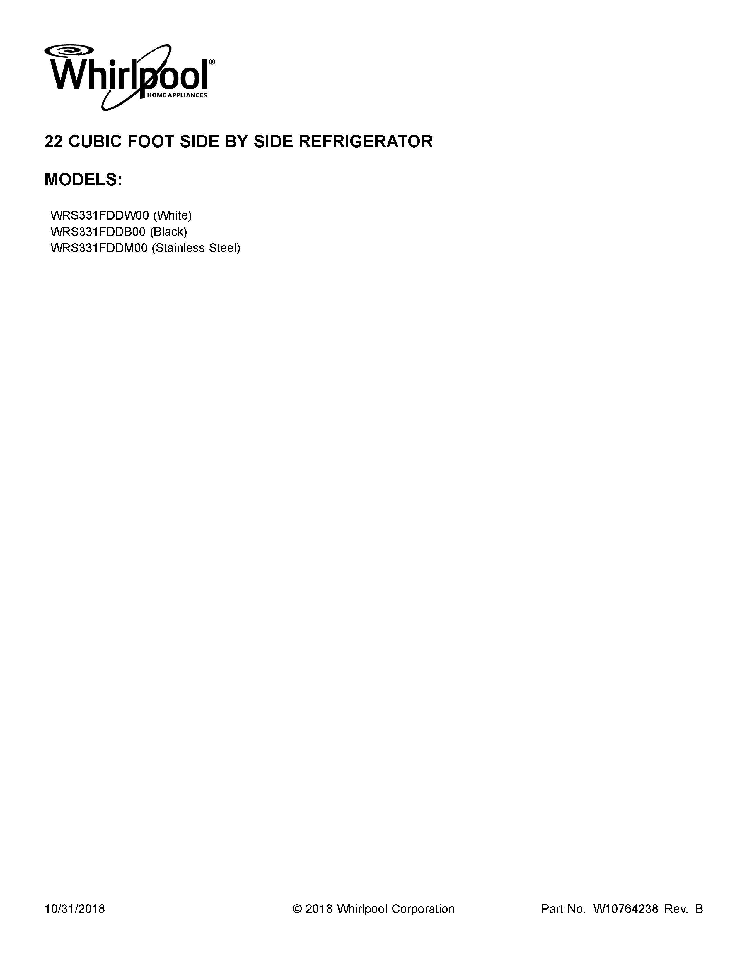 Whirlpool WRS331FDDM00 cover sheet diagram