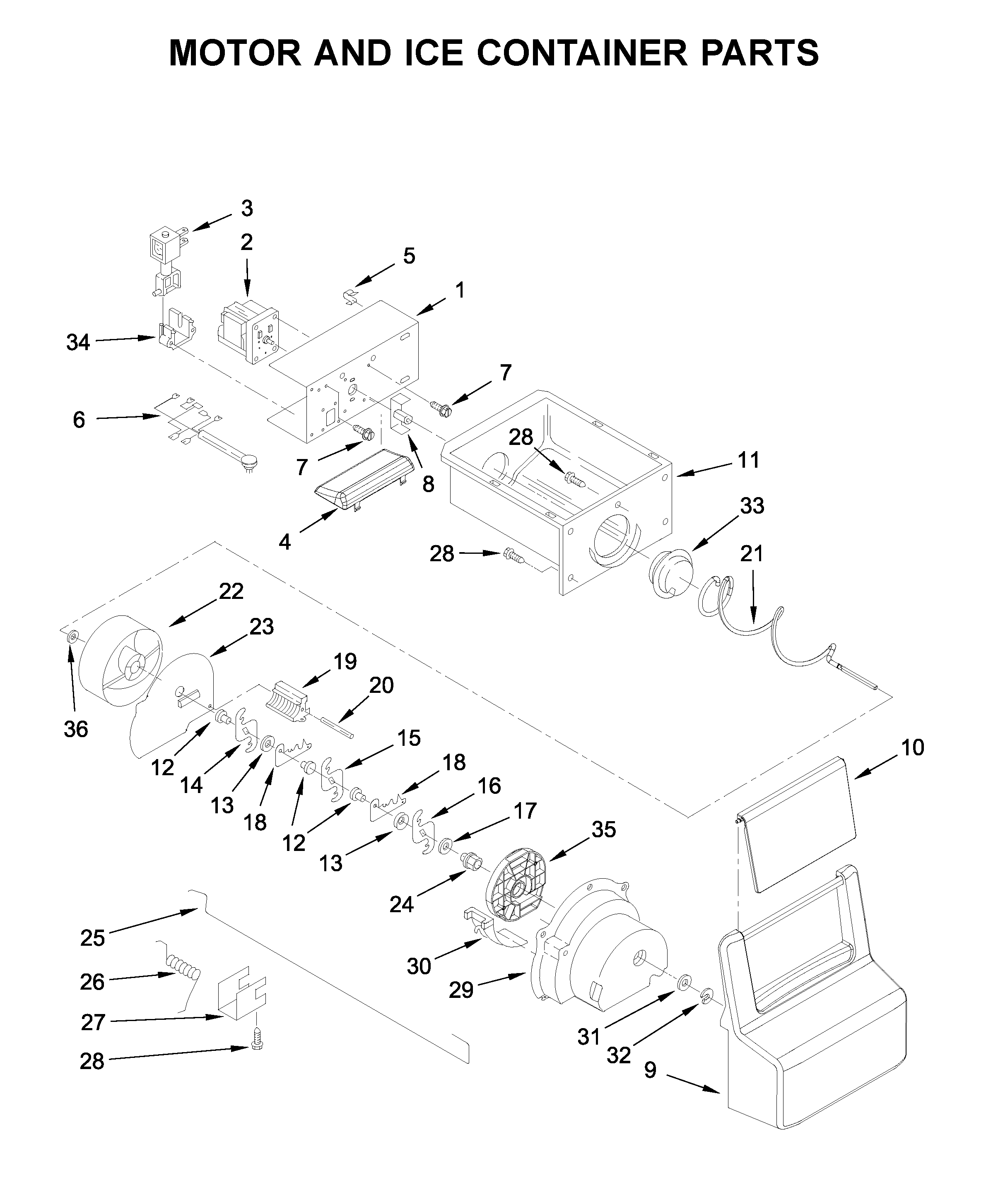Whirlpool WRS331FDDM00 motor and ice container parts diagram