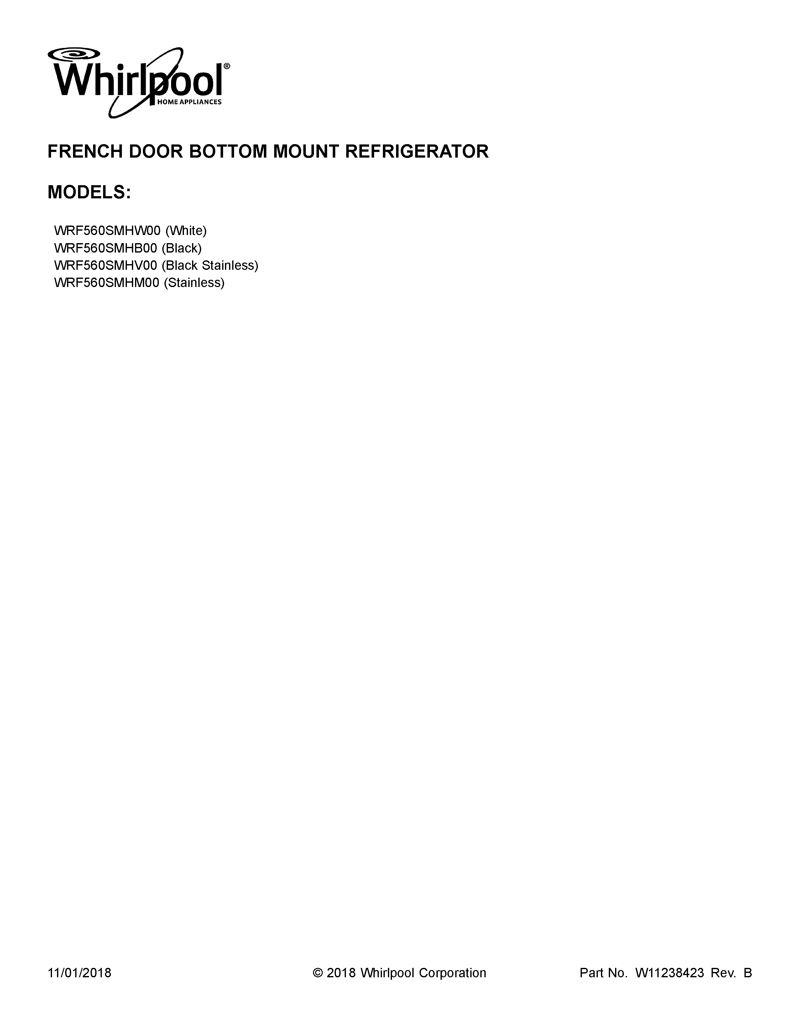 Whirlpool WRF560SMHW00 cover sheet diagram