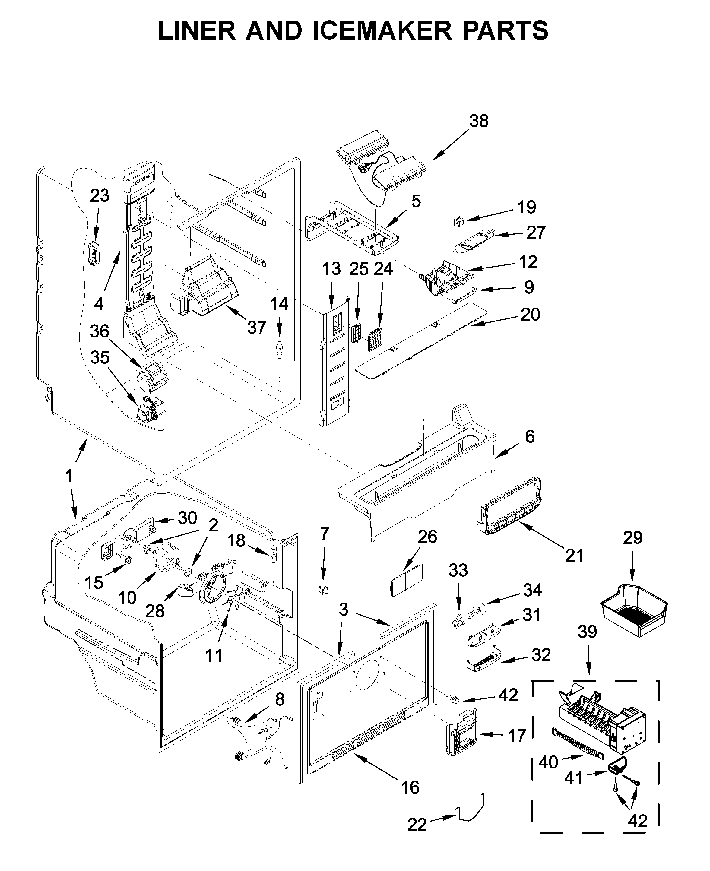 Whirlpool WRF560SMHW00 liner and icemaker parts diagram