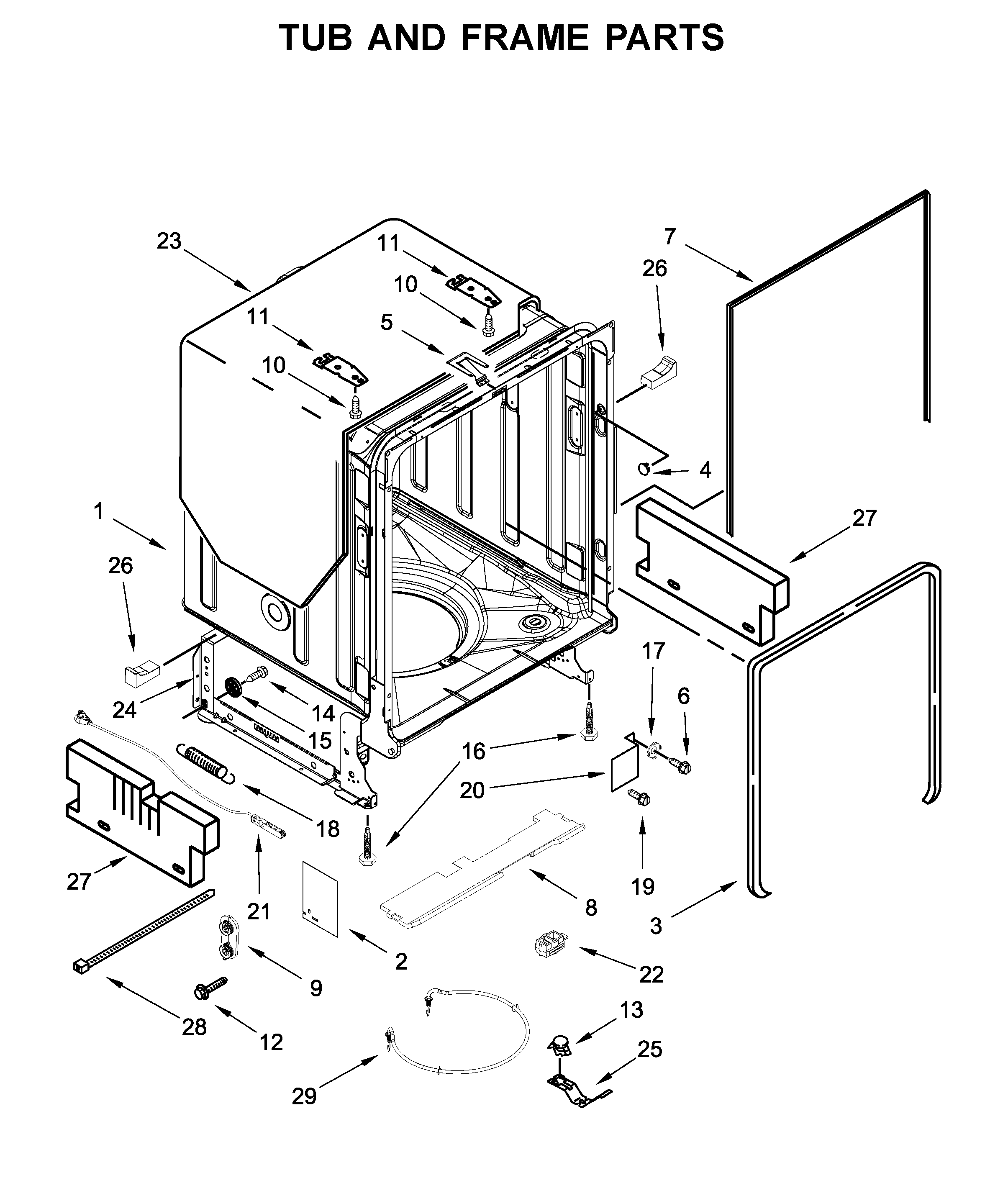 Jenn-Air JDB8700AWS1 tub and frame parts diagram