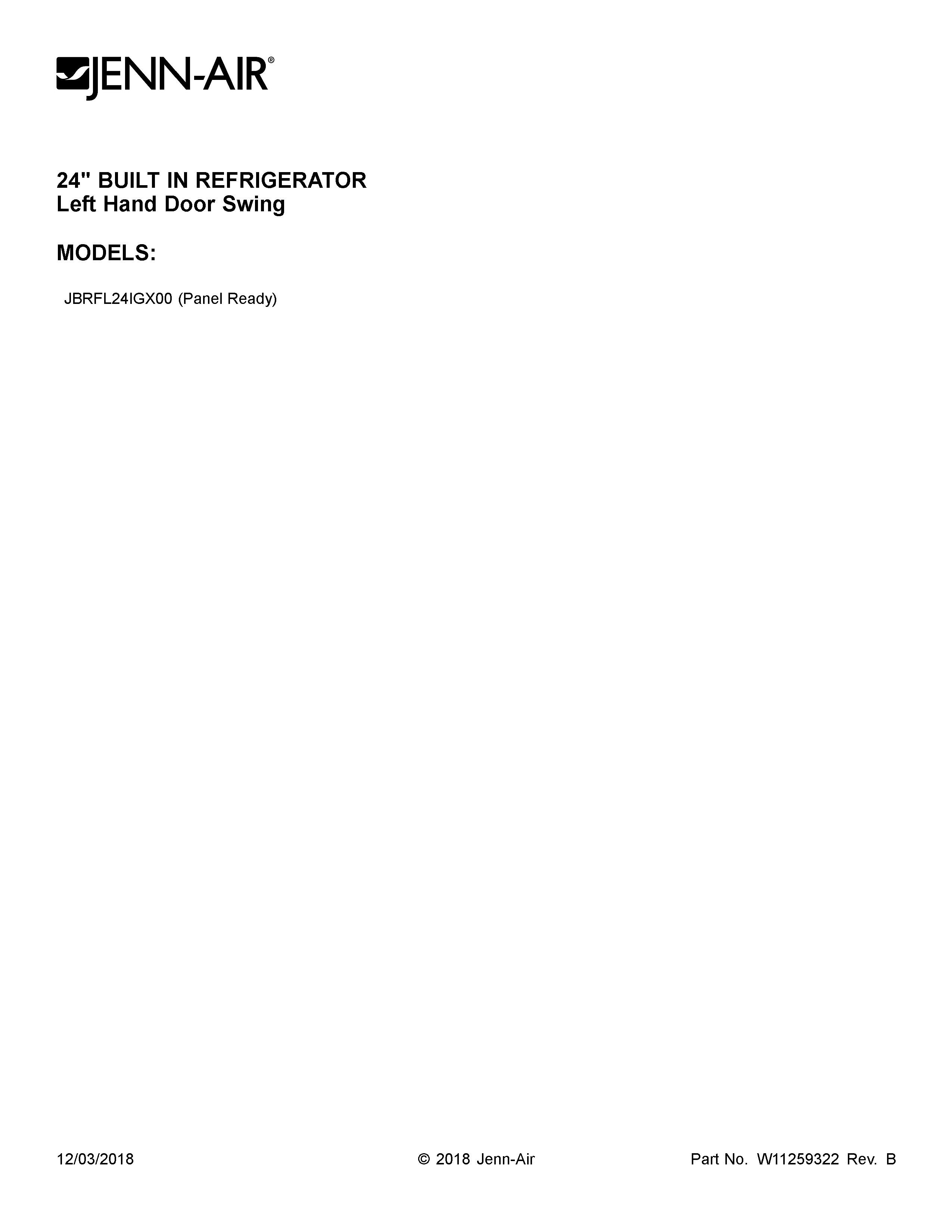 Jenn-Air JBRFL24IGX00 cover sheet diagram