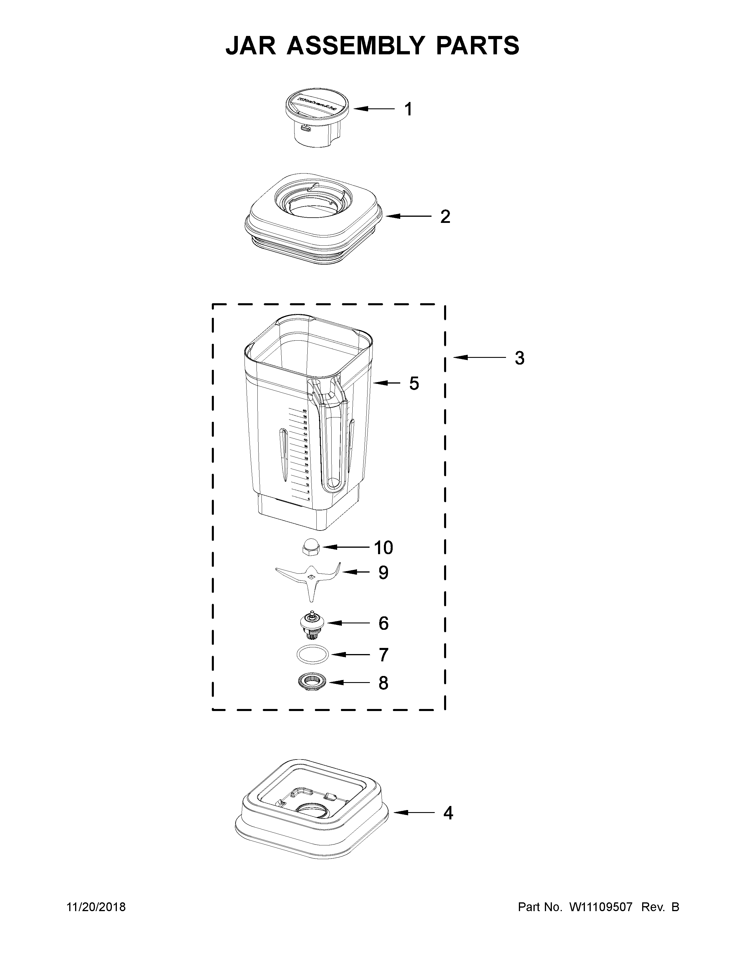 KitchenAid 5KSBC1B0SCU0 jar assembly parts diagram