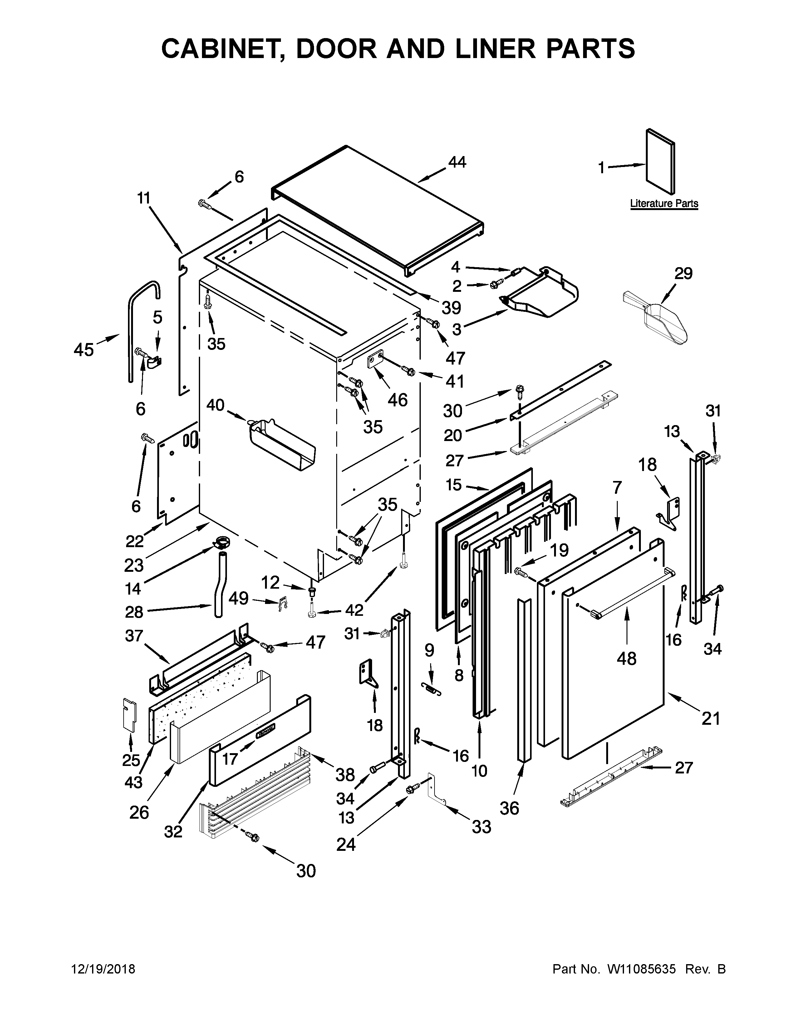 KitchenAid KUID508ESS2 cabinet, door and liner parts diagram