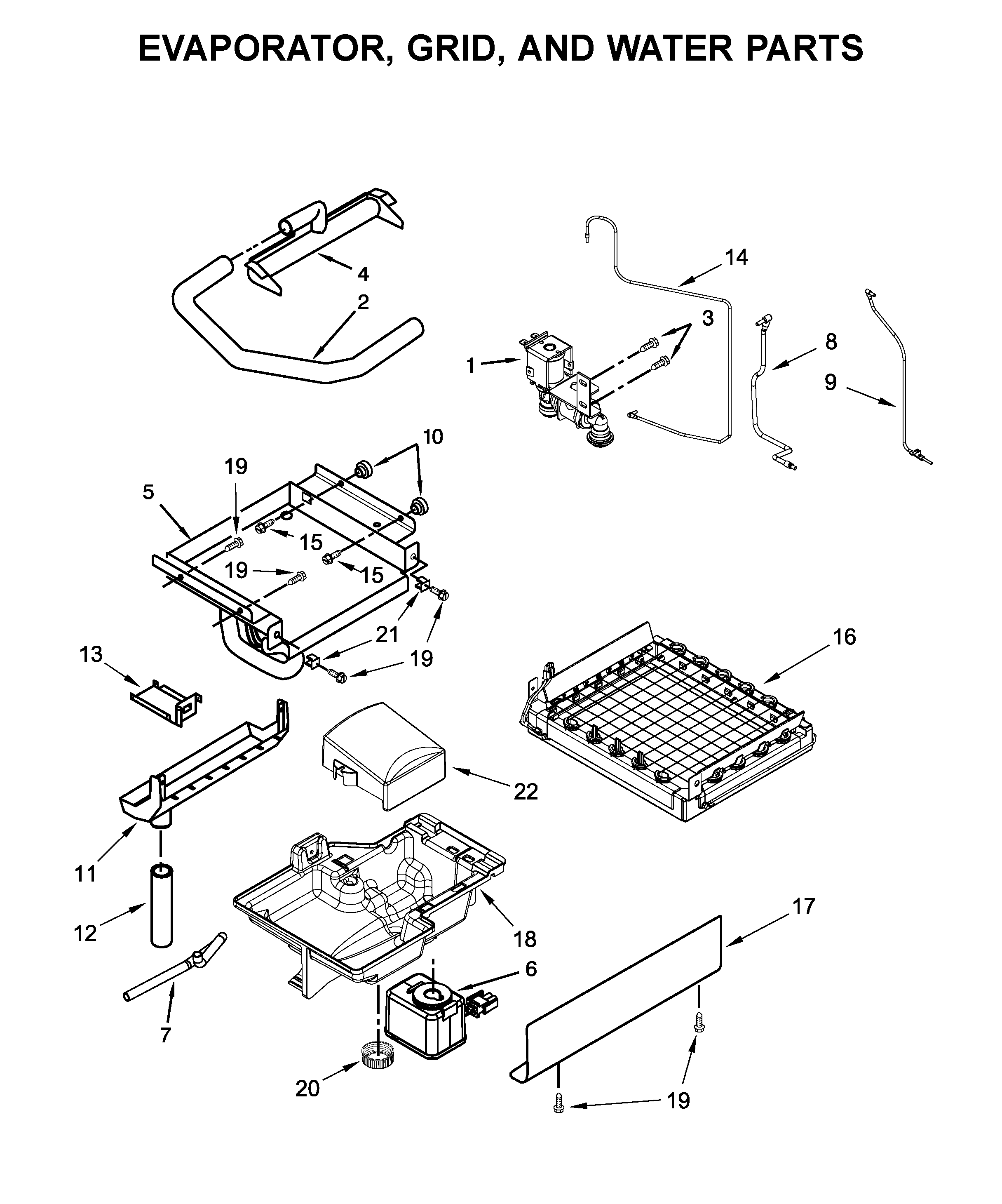 KitchenAid KUID508ESS2 evaporator, grid, and water parts diagram
