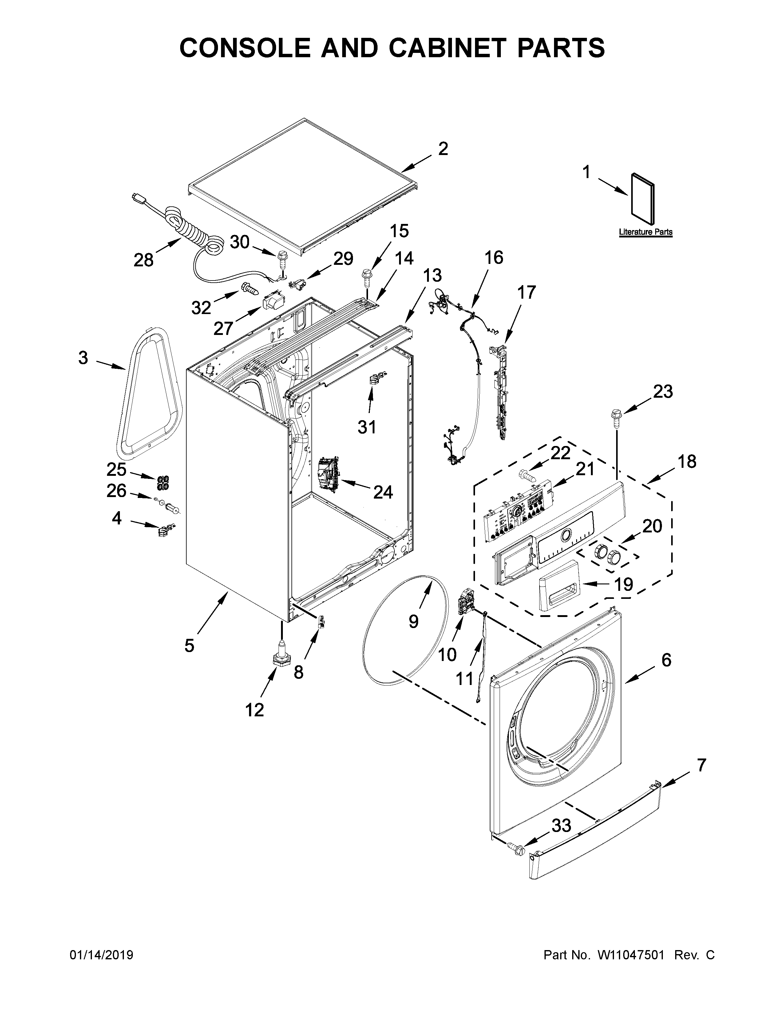 Whirlpool WFW5090GW0 console and cabinet parts diagram