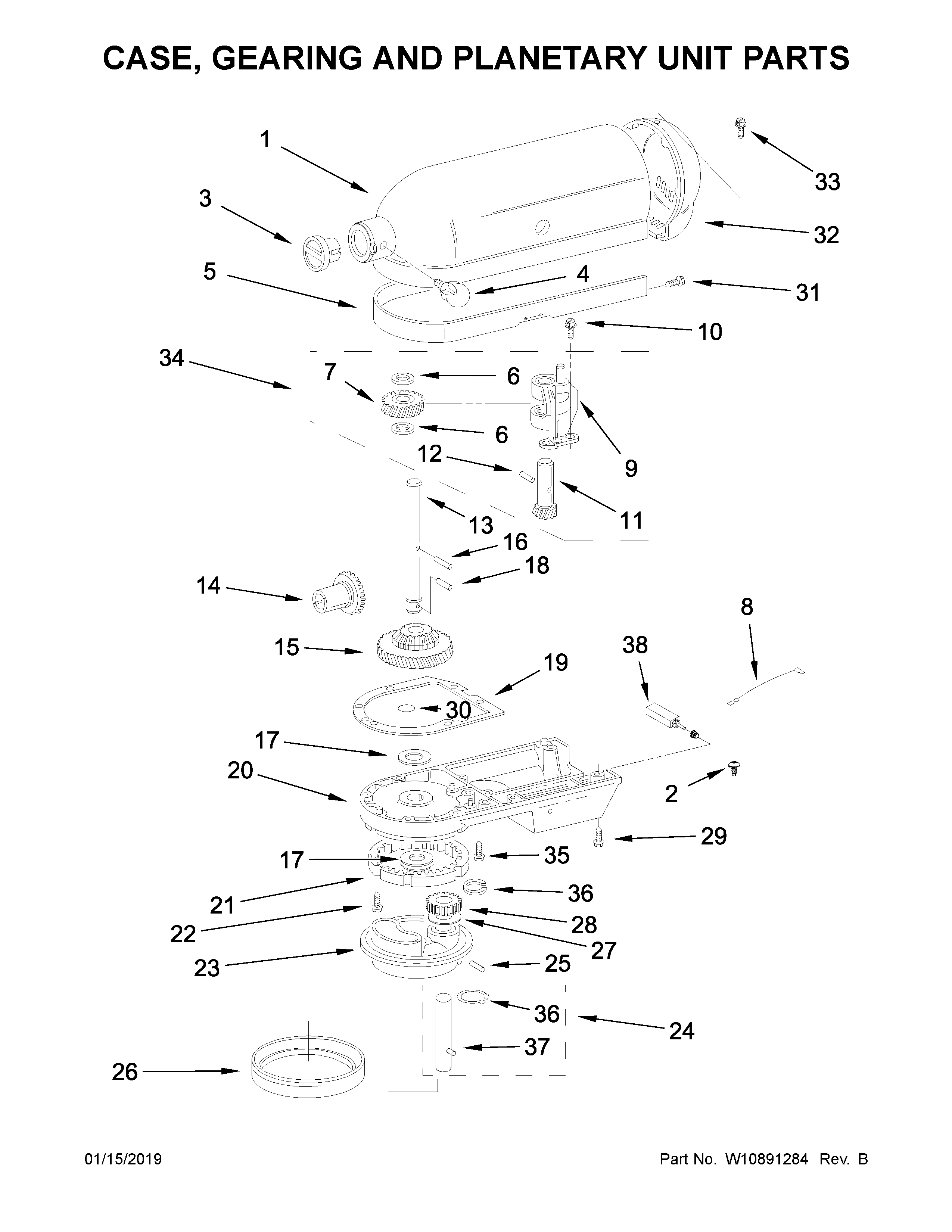 KitchenAid 5KPM5CSM0 case, gearing and planetary unit parts diagram