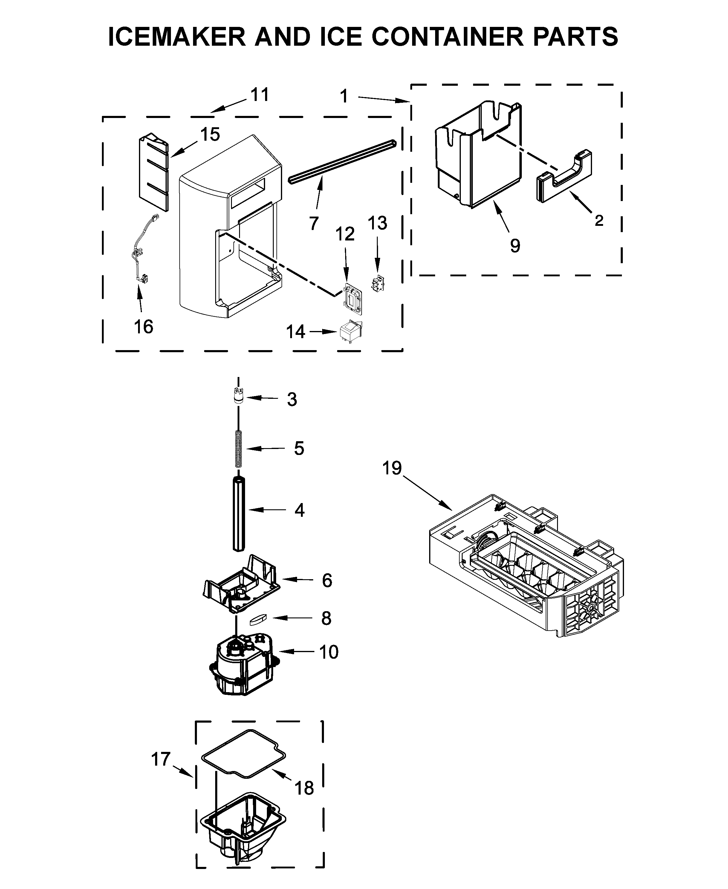 KitchenAid KRSC500ESS01 icemaker and ice container parts diagram