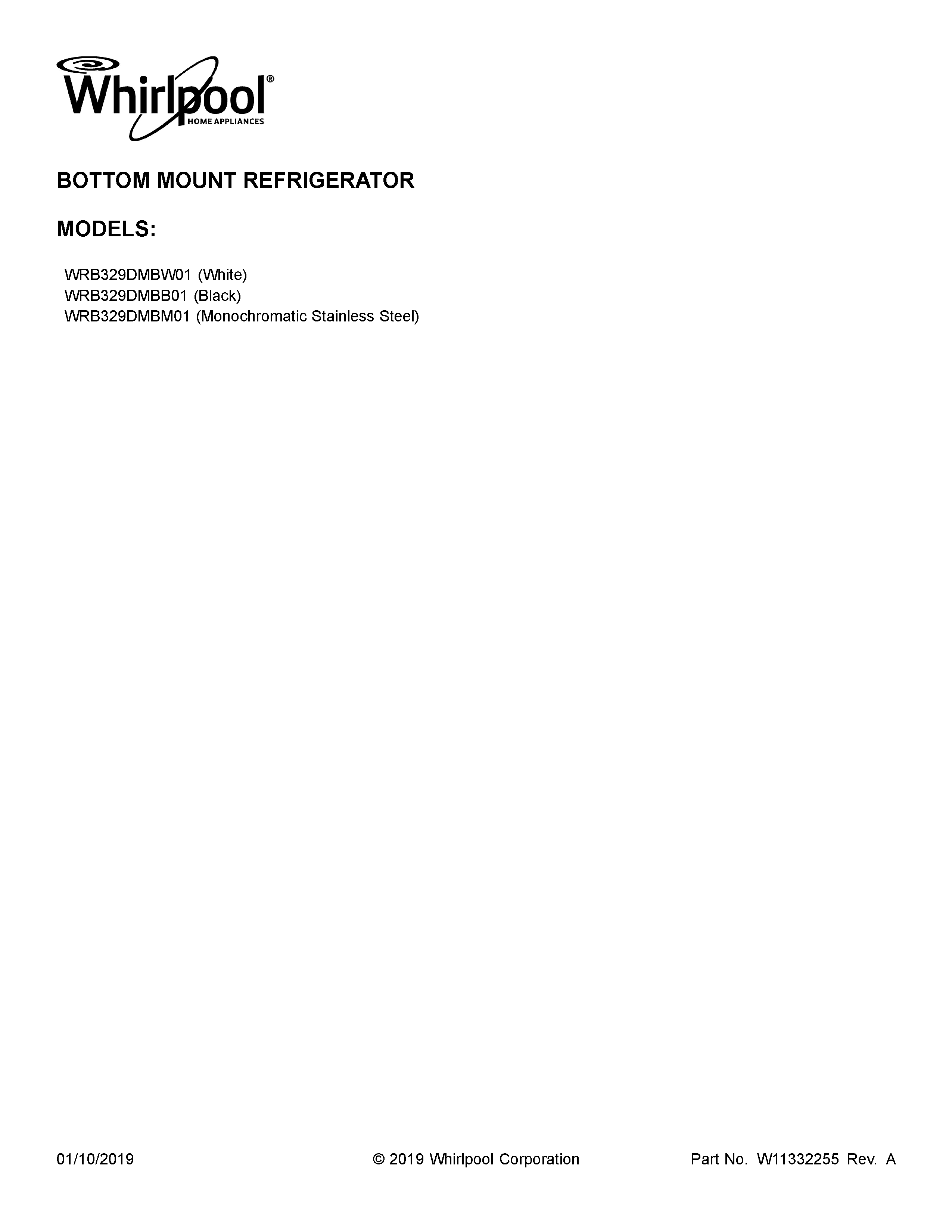 Whirlpool WRB329DMBM01 cover sheet diagram