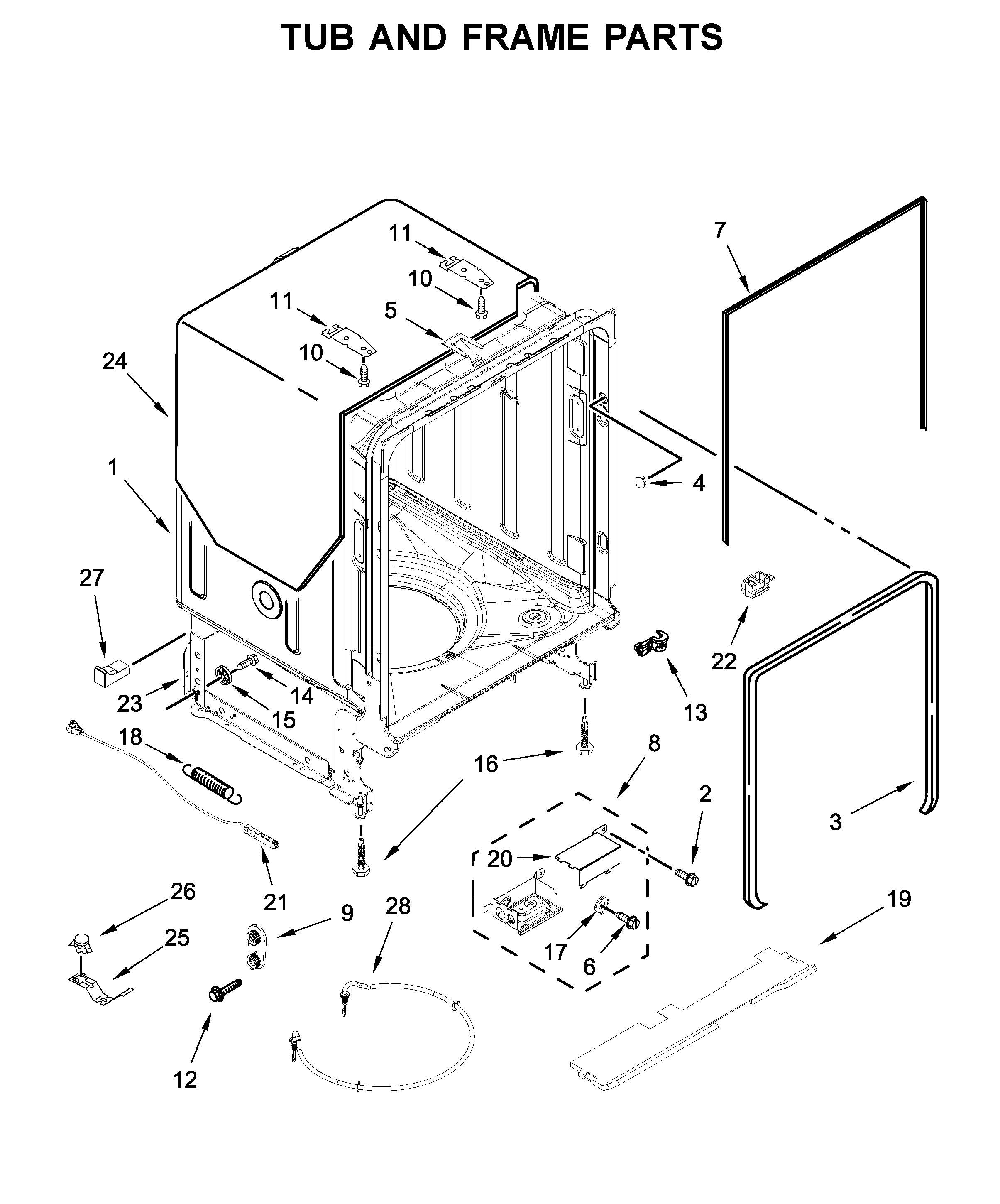 KitchenAid KDFE104HWH0 tub and frame parts diagram
