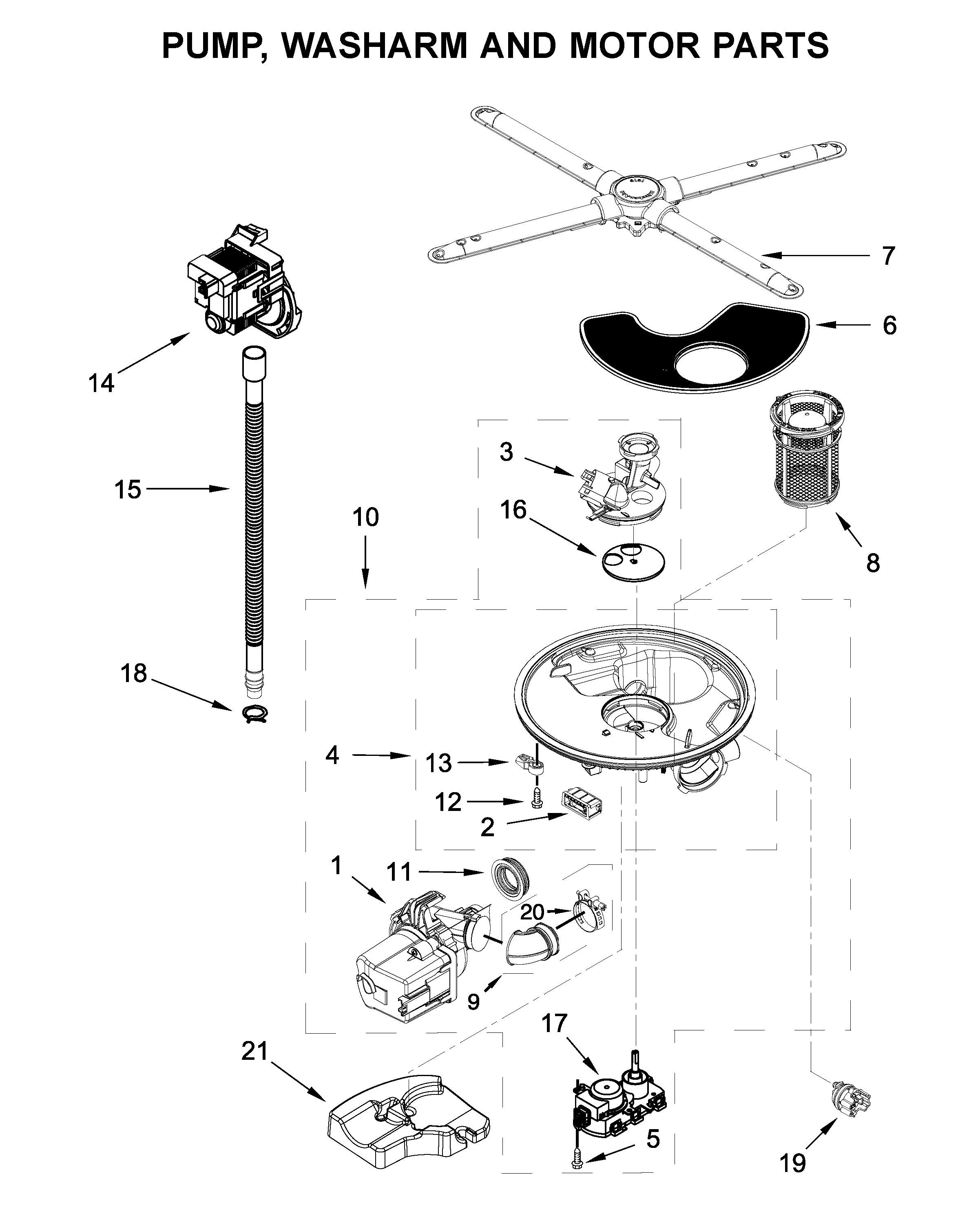 KitchenAid KDFE104HWH0 pump, washarm and motor parts diagram