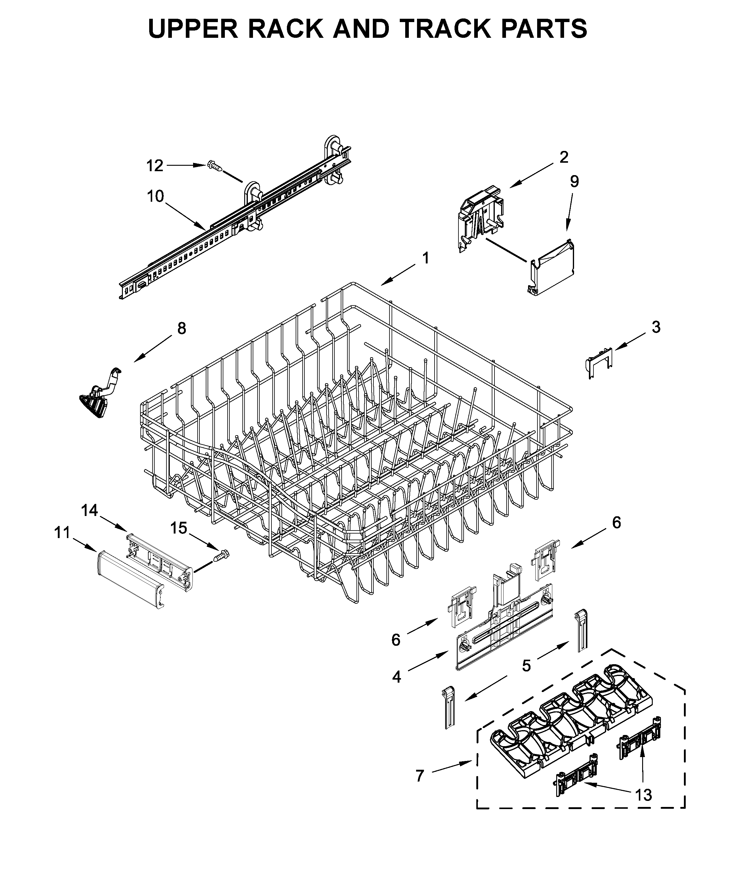 KitchenAid KDFE104HWH0 upper rack and track parts diagram