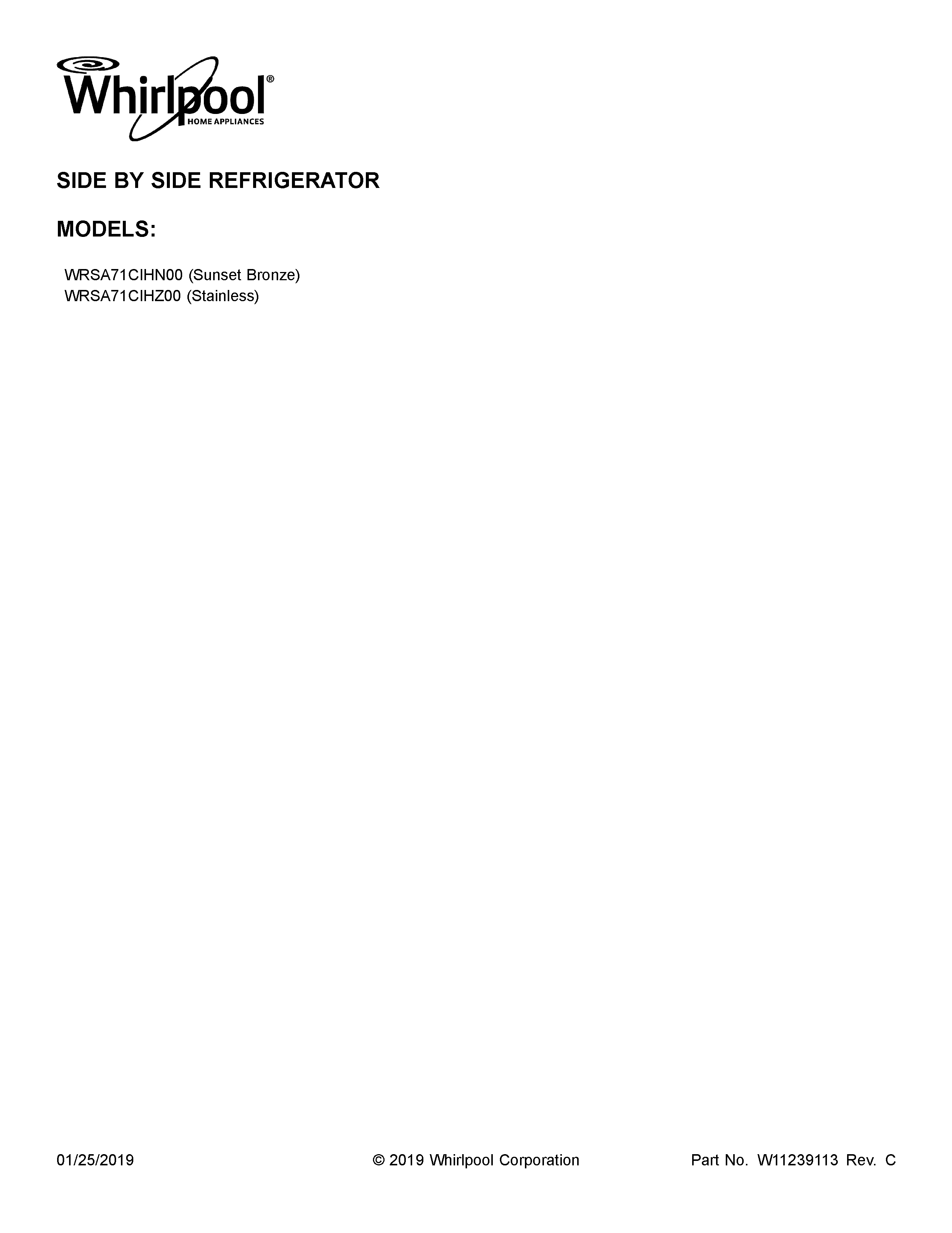 Whirlpool WRSA71CIHZ00 cover sheet diagram