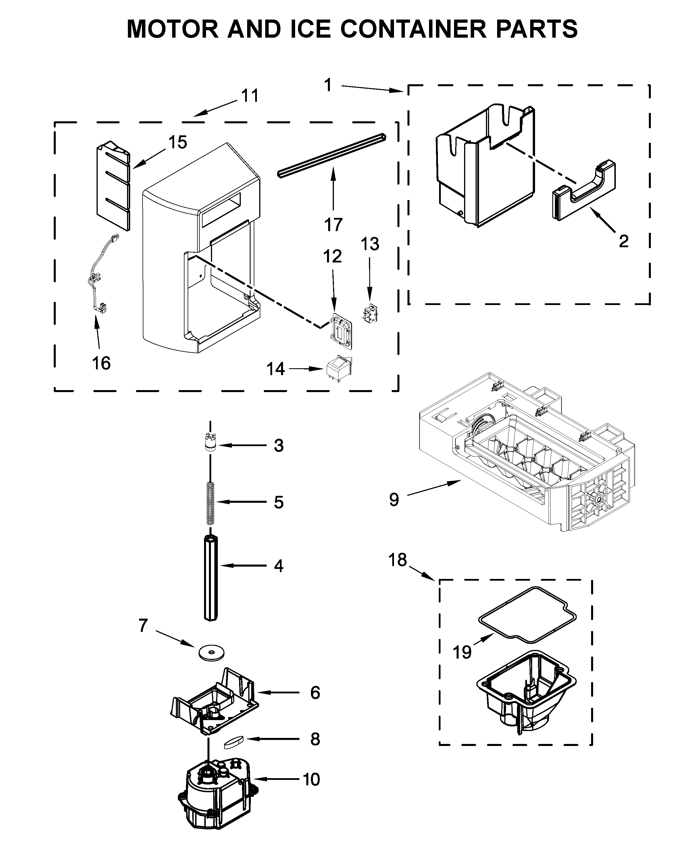 Whirlpool WRSA71CIHZ00 motor and ice container parts diagram