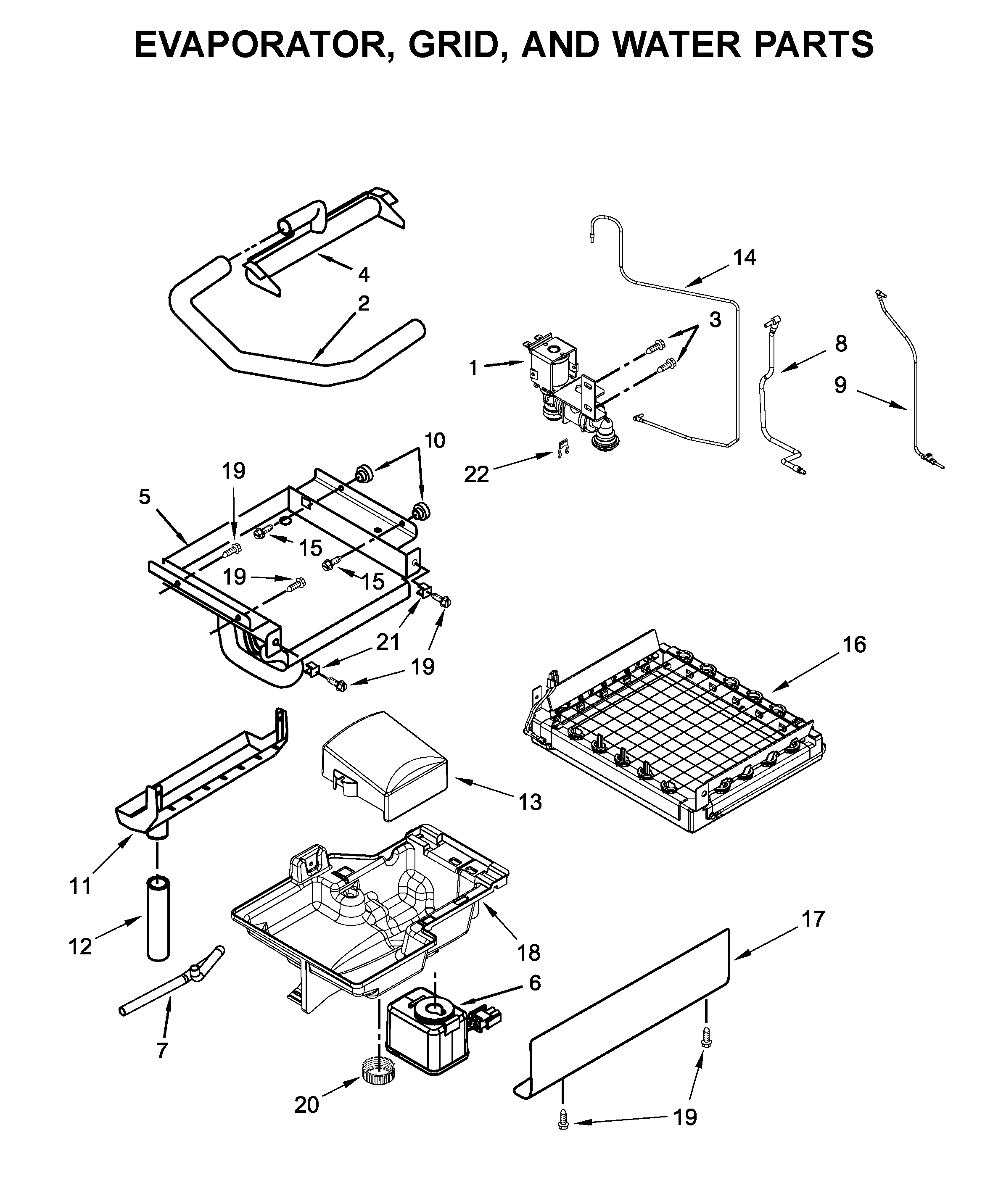Whirlpool WUI75X15HW00 evaporator, grid, and water parts diagram