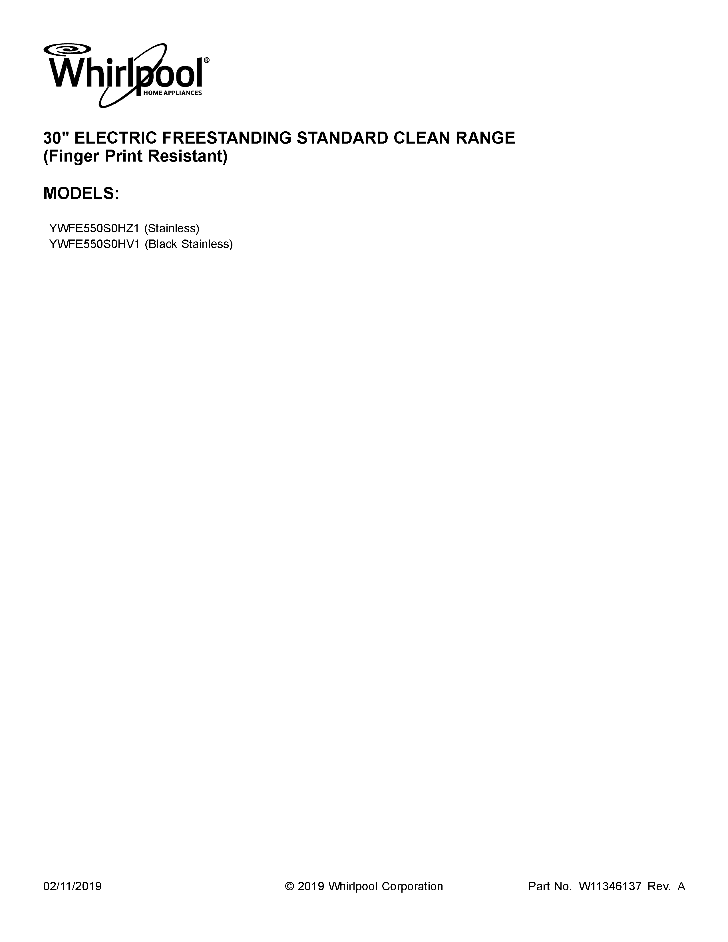 Whirlpool YWFE550S0HZ1 cover sheet diagram