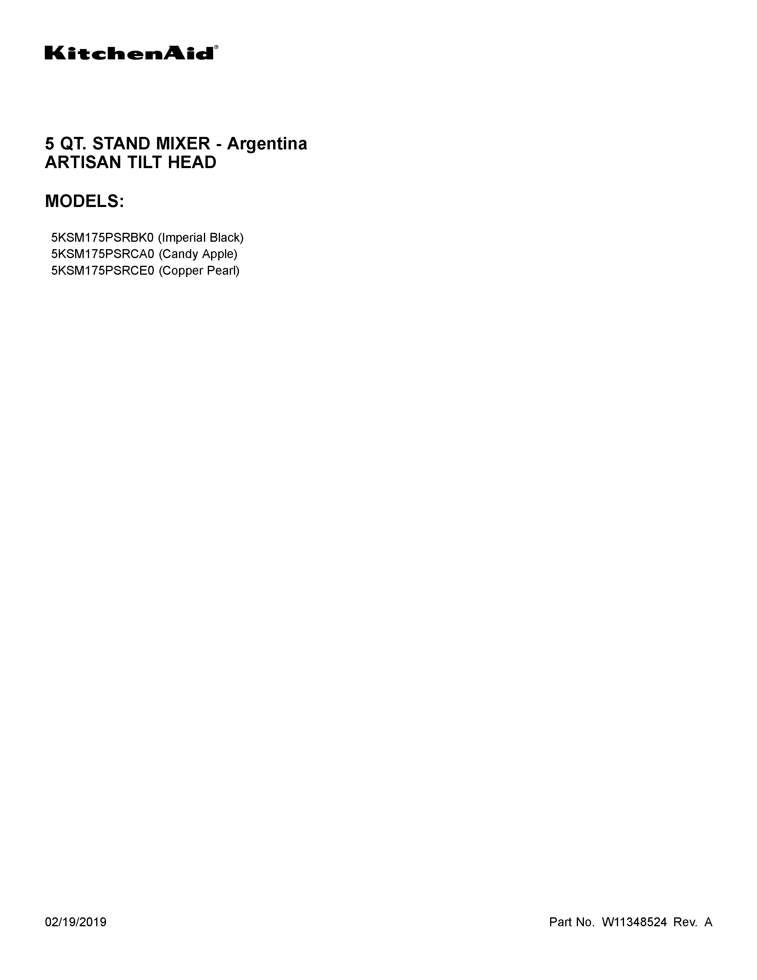 KitchenAid 5KSM175PSRCE0 cover sheet diagram