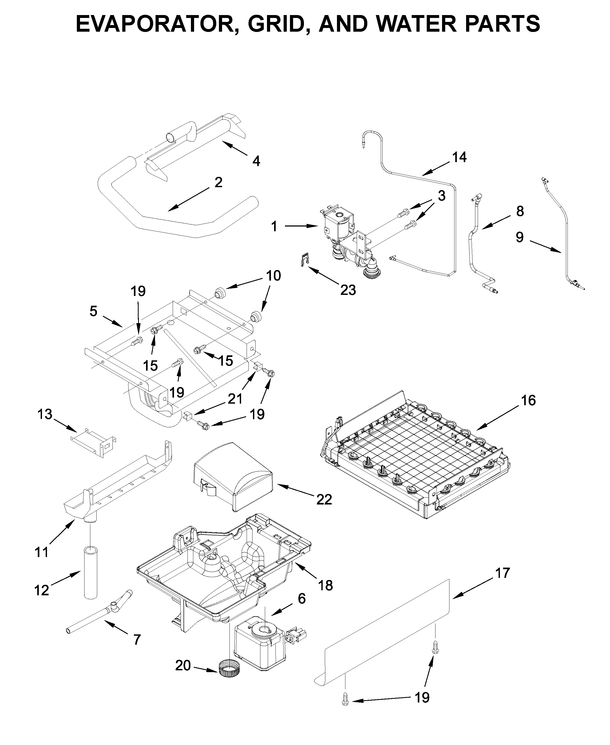 KitchenAid KUID308HPS00 evaporator, grid, and water parts diagram