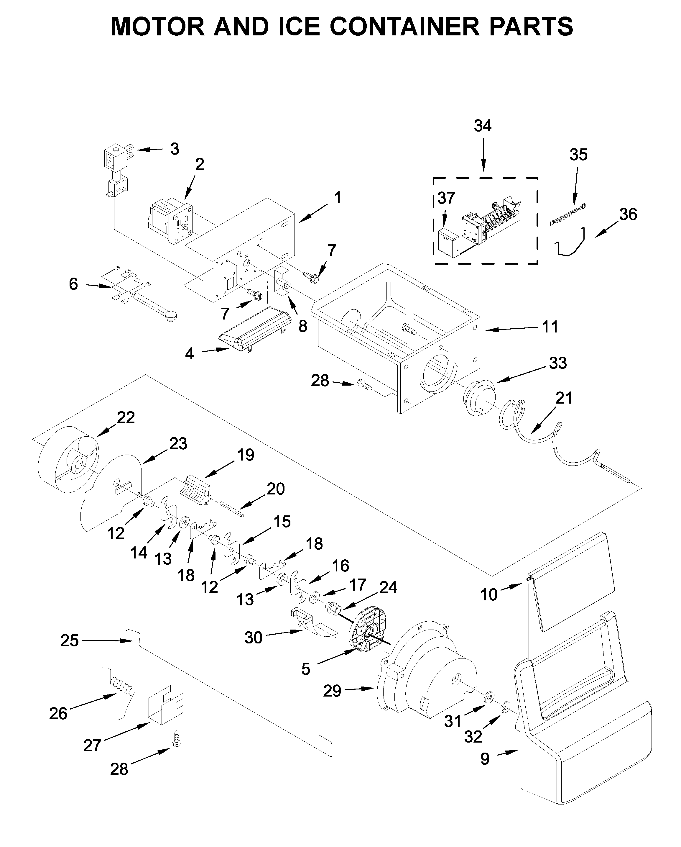 Amana ASI2575GRW01 motor and ice container parts diagram