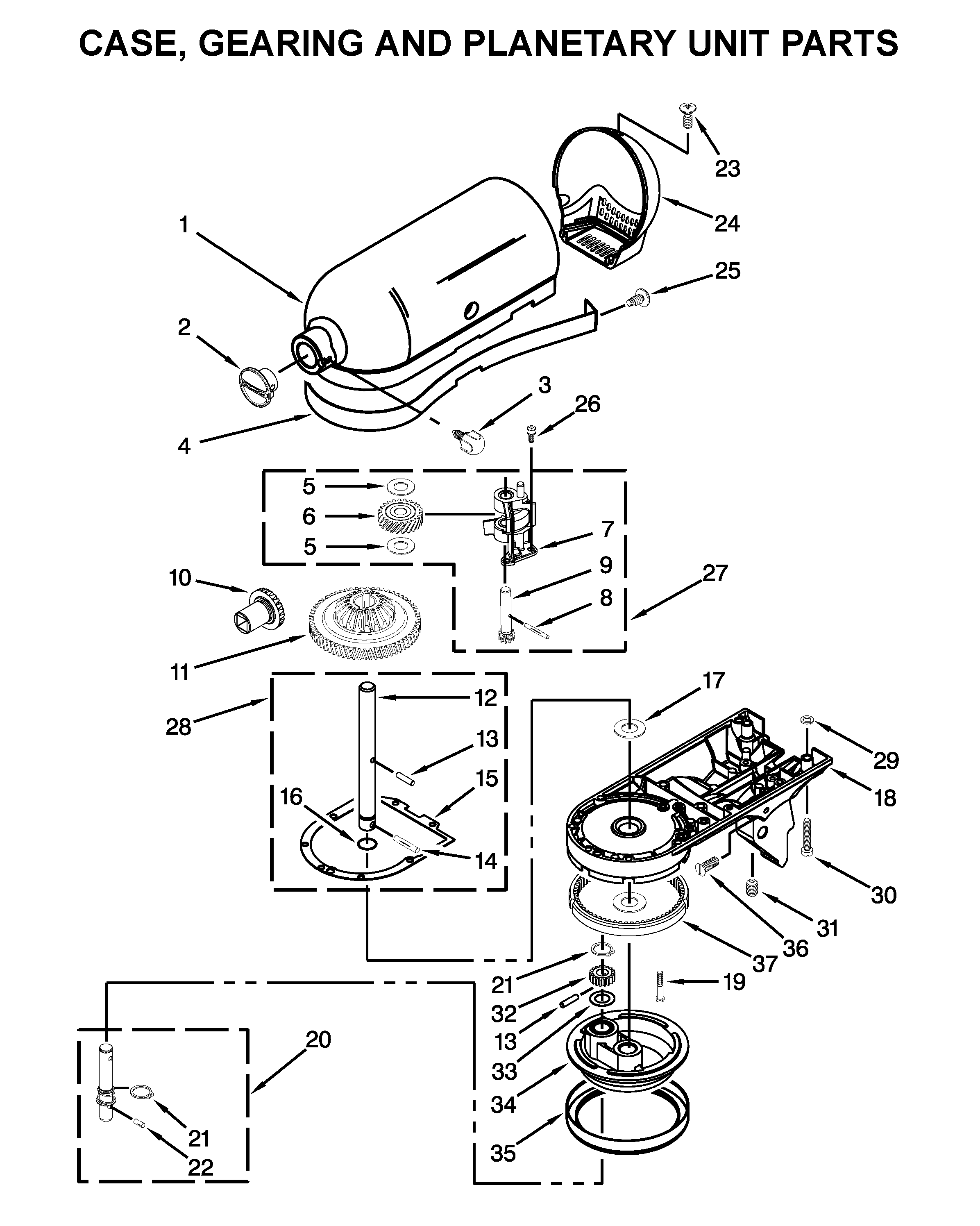 KitchenAid KSM96ER0 case, gearing and planetary unit parts diagram