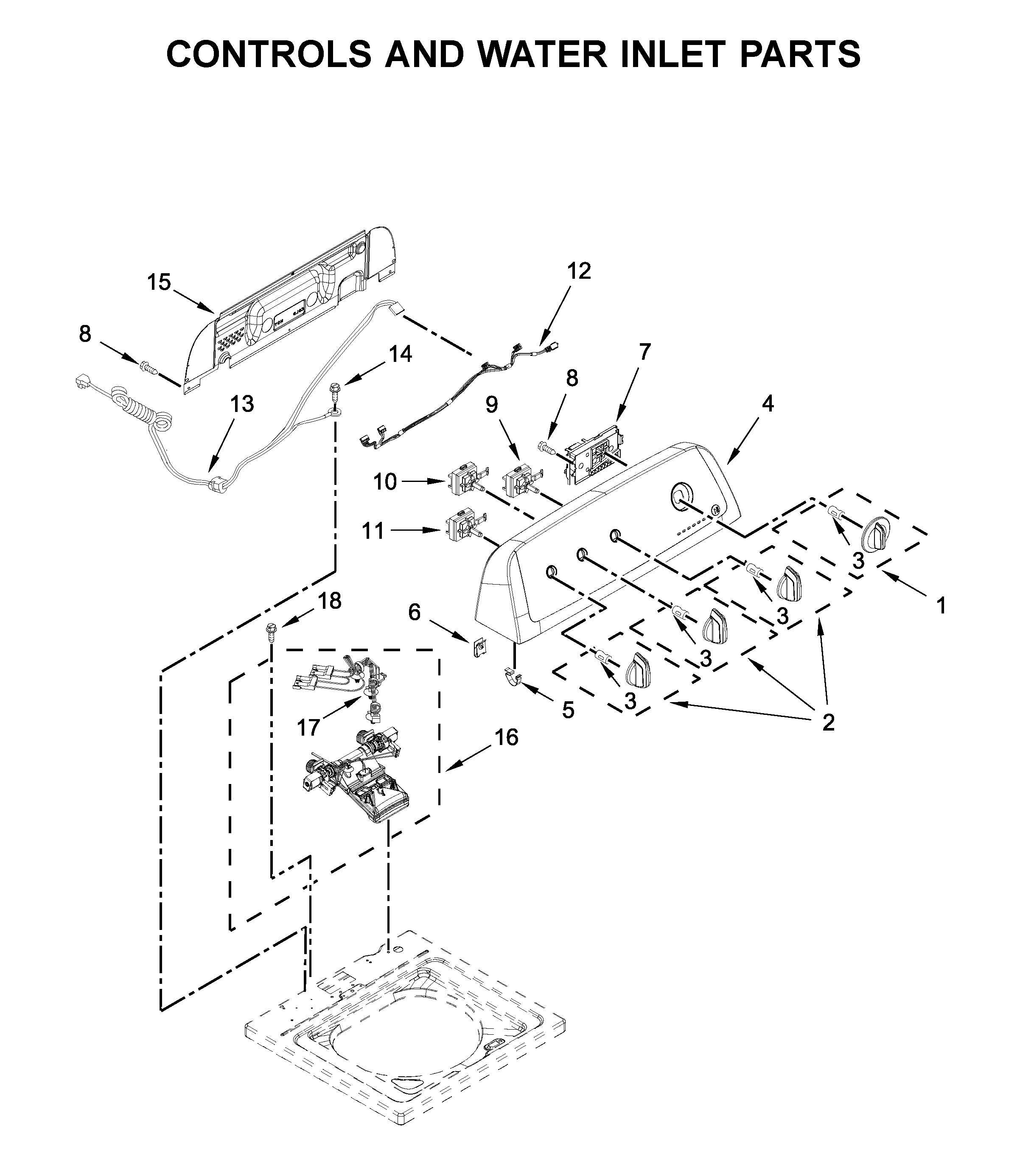 Whirlpool WTW4655JW0 controls and water inlet parts diagram