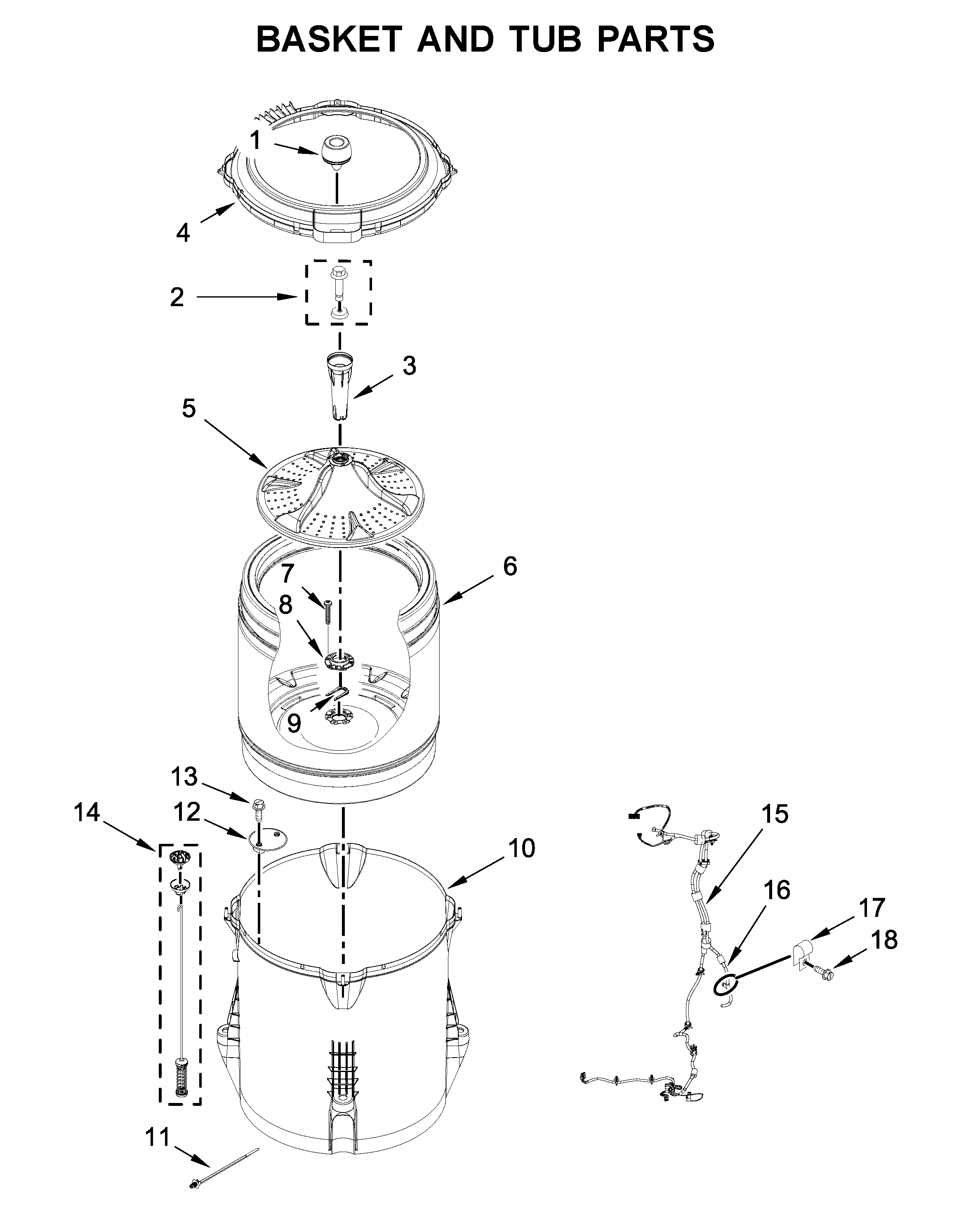 Whirlpool WTW4655JW0 basket and tub parts diagram