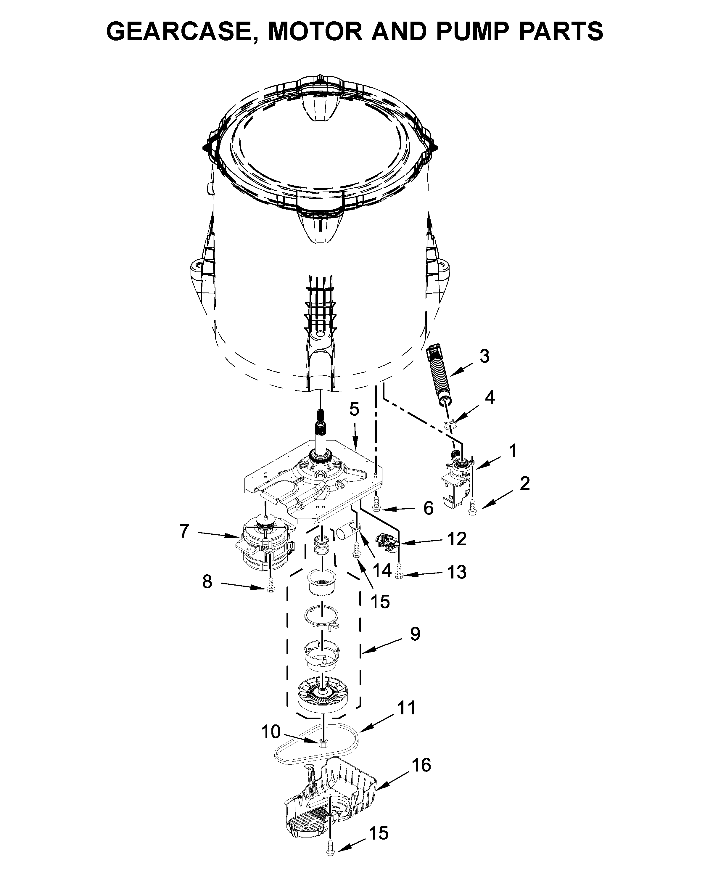 Whirlpool WTW4655JW0 gearcase, motor and pump parts diagram