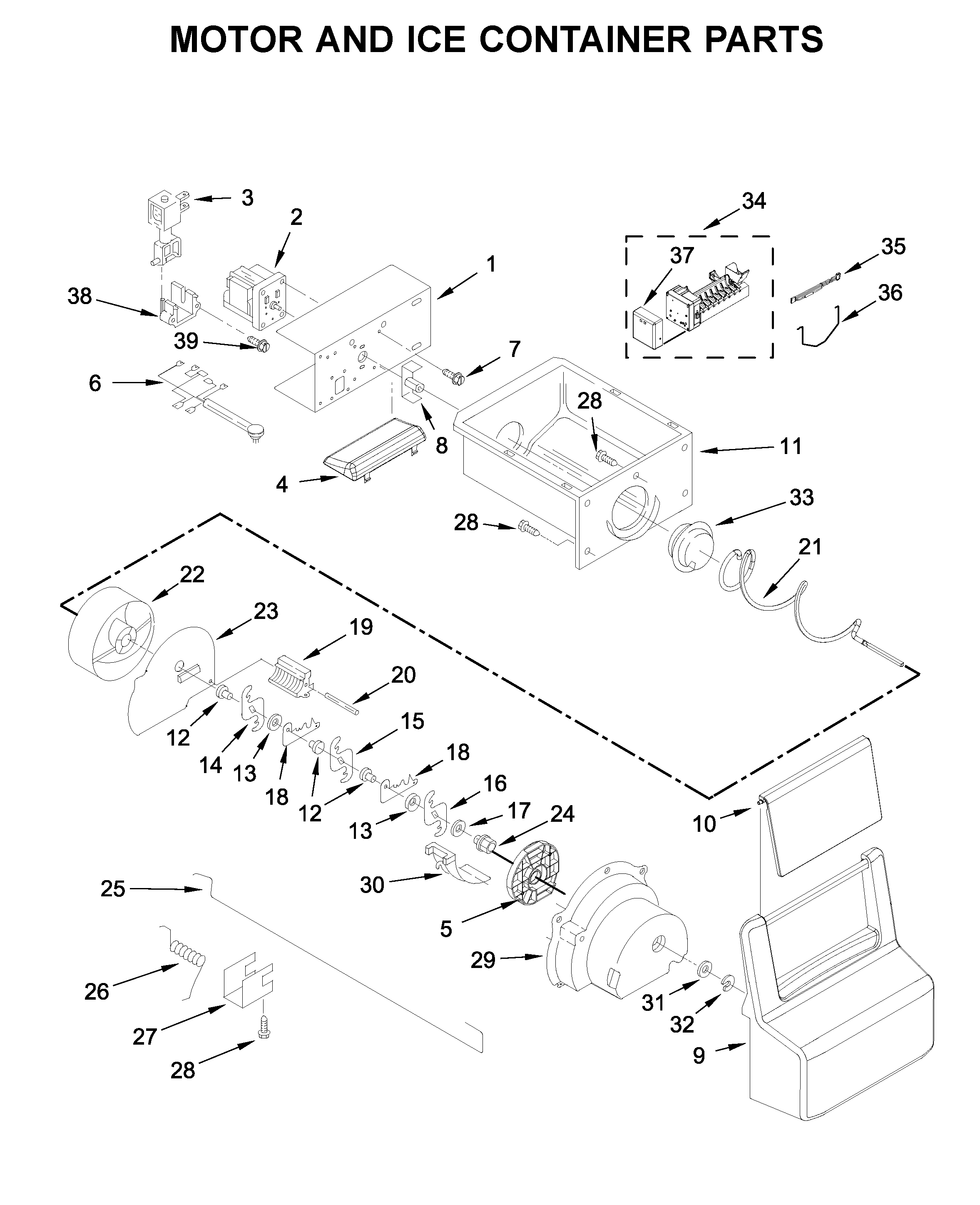 Amana ASI2175GRS01 motor and ice container parts diagram