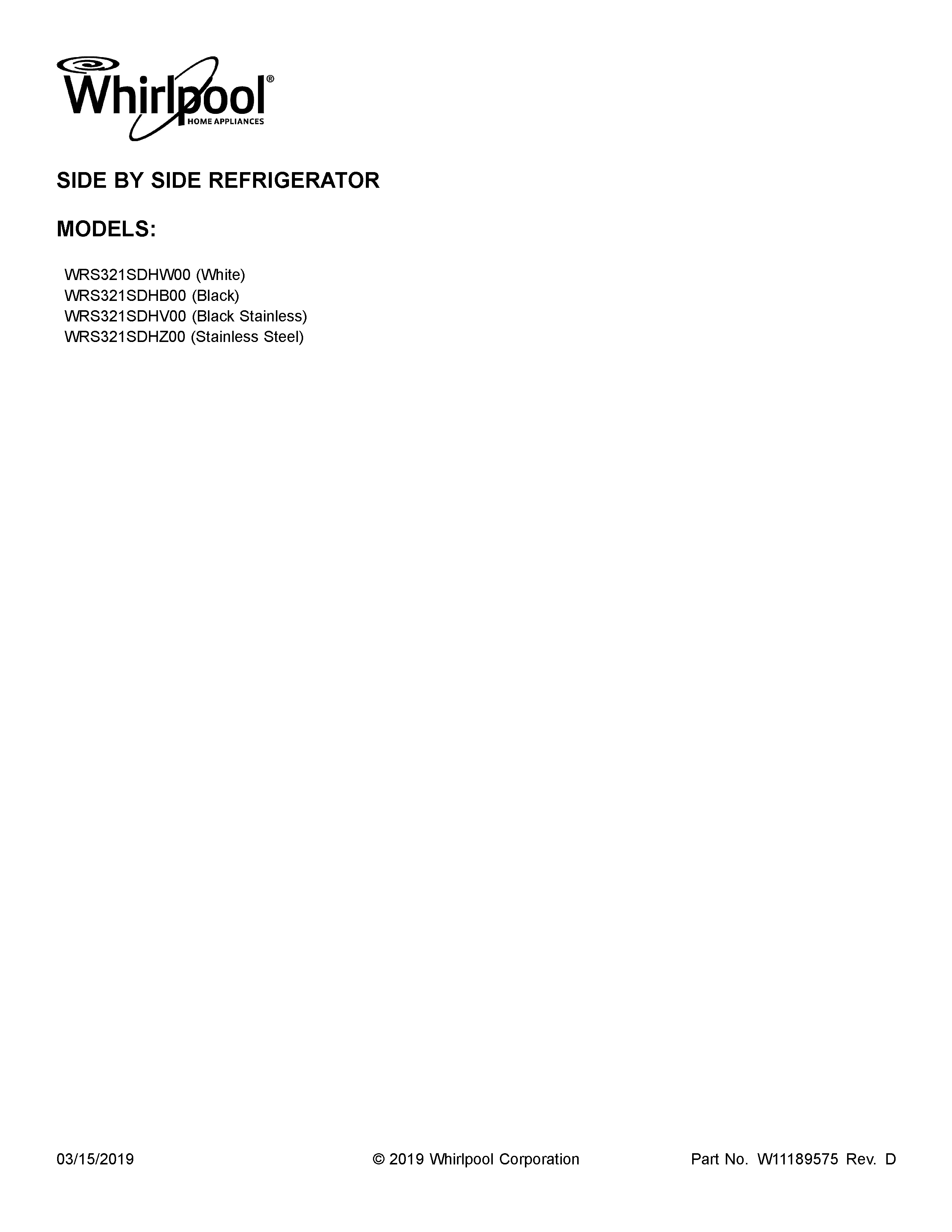 Whirlpool WRS321SDHB00 cover sheet diagram