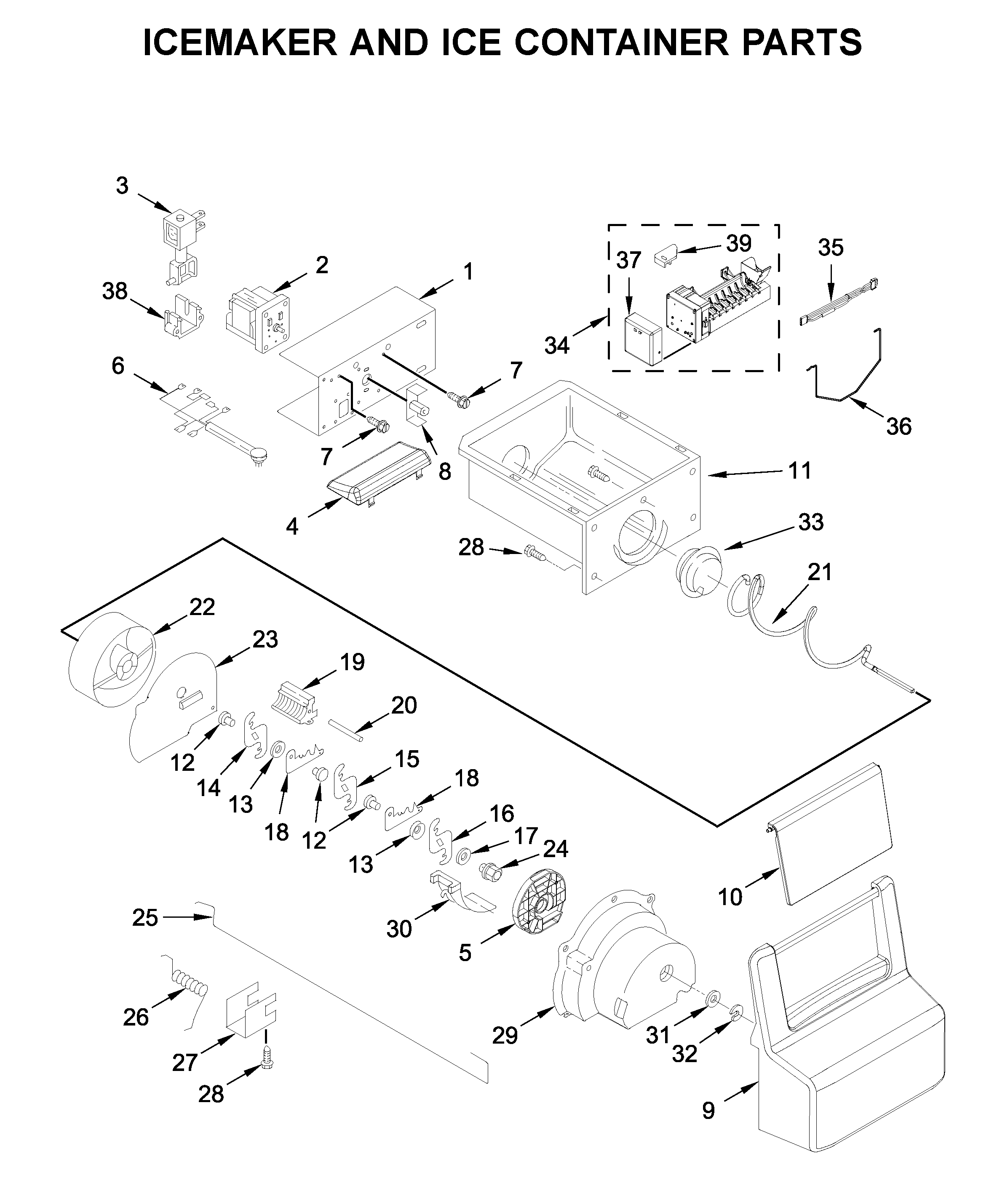 Whirlpool WRS321SDHB00 icemaker and ice container parts diagram