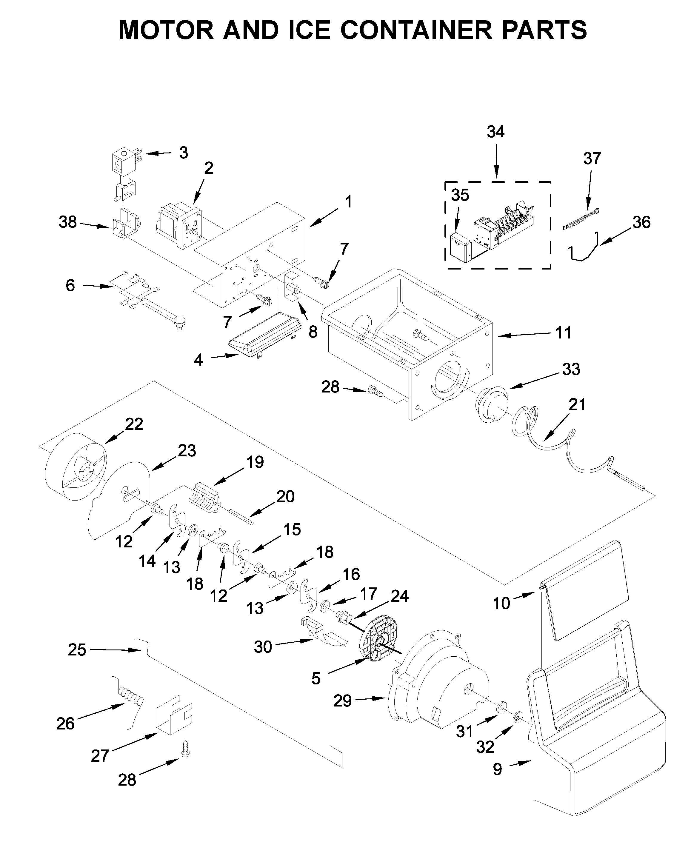 Whirlpool WRS331SDHM00 motor and ice container parts diagram