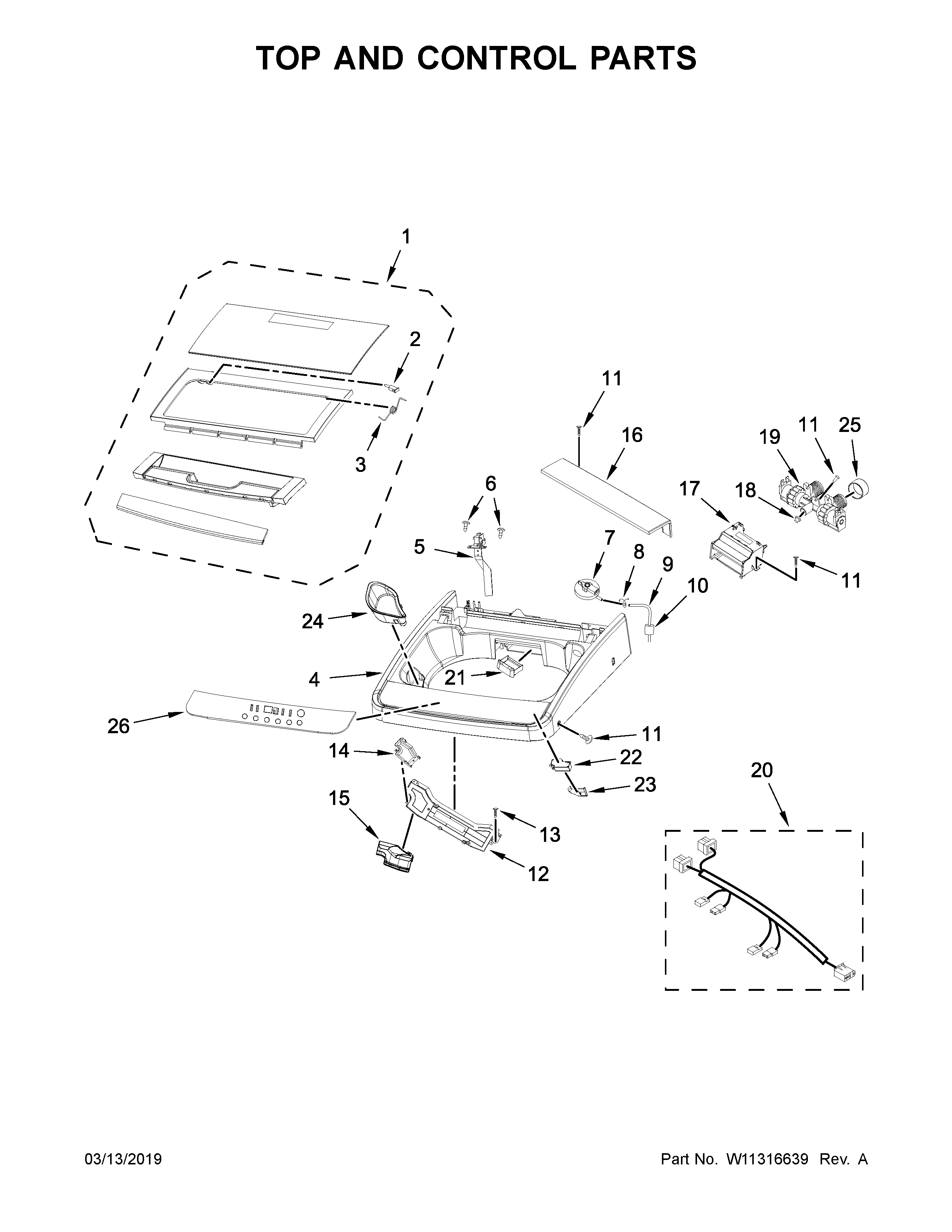 Whirlpool WTW2000HW0 top and control parts diagram