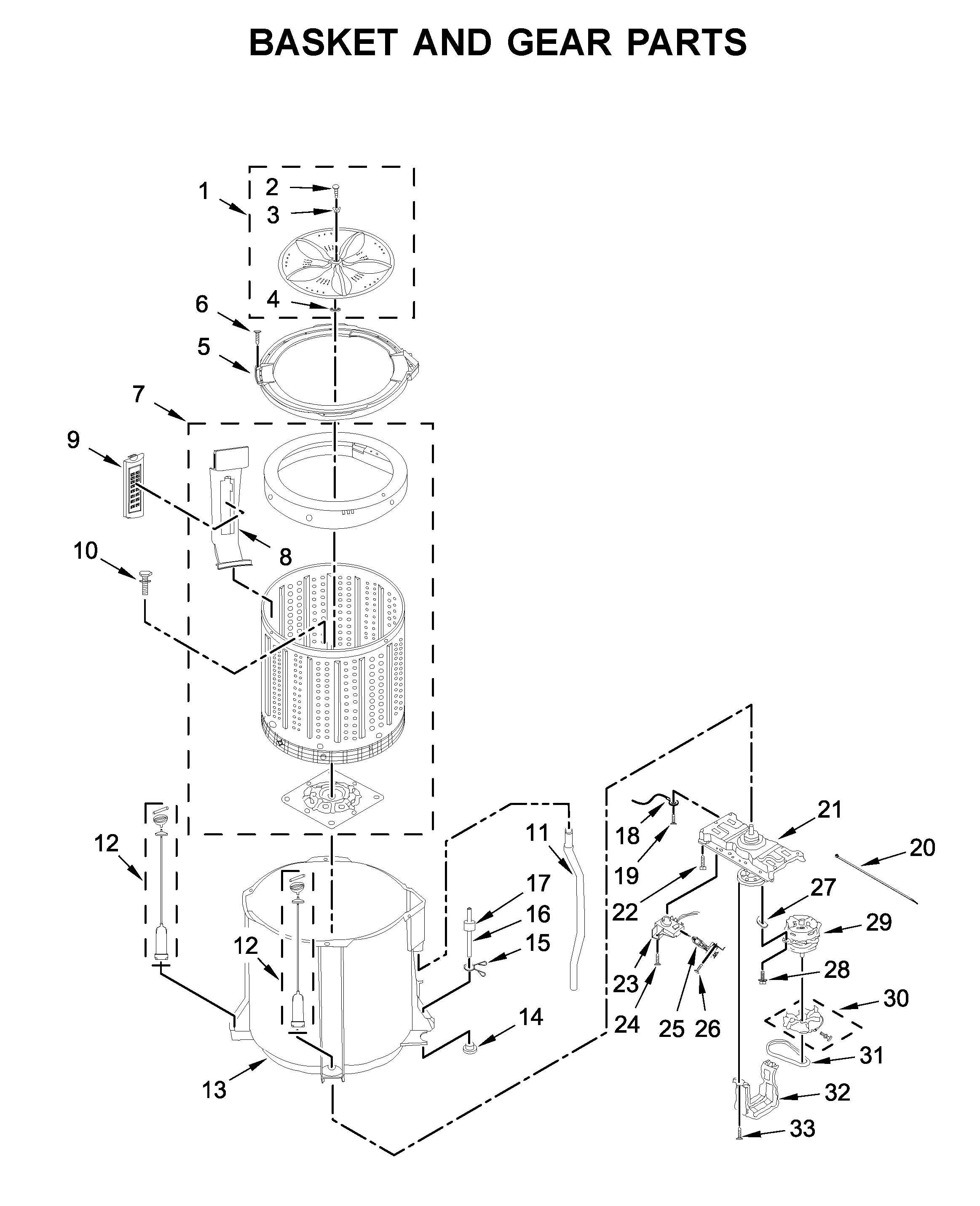 Whirlpool WTW2000HW0 basket and gear parts diagram