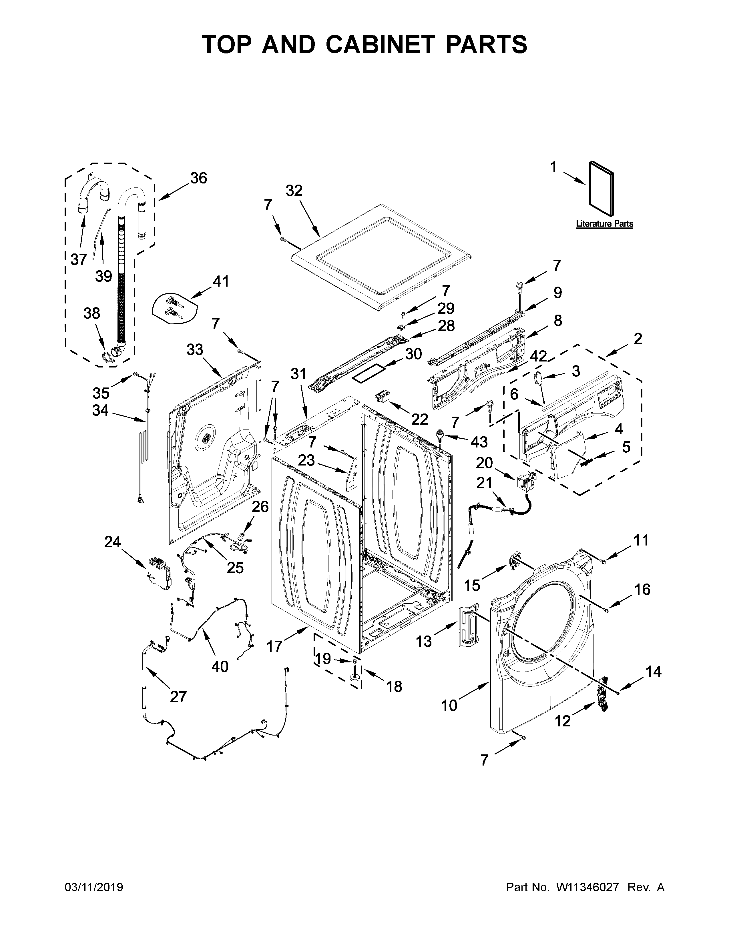 Whirlpool WFW8620HW1 top and cabinet parts diagram