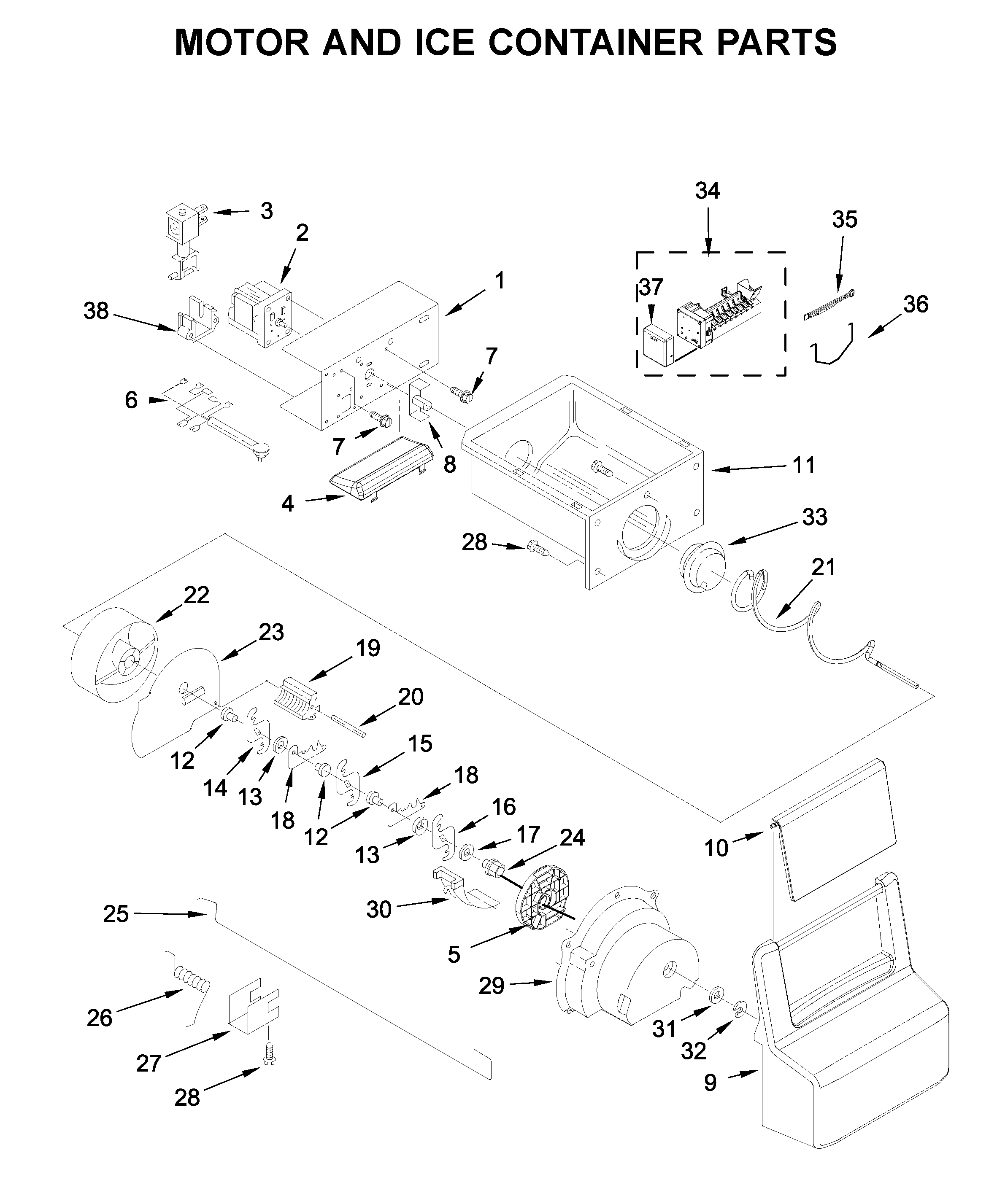 Amana ASI2175GRB00 motor and ice container parts diagram