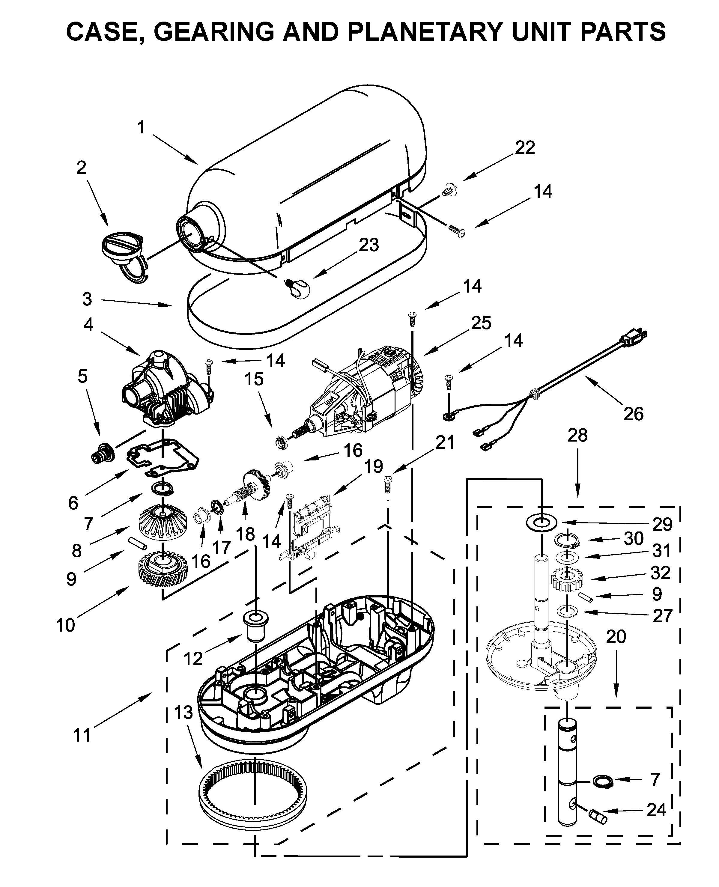 KitchenAid 4KP26M1XBY5 case, gearing and planetary unit parts diagram