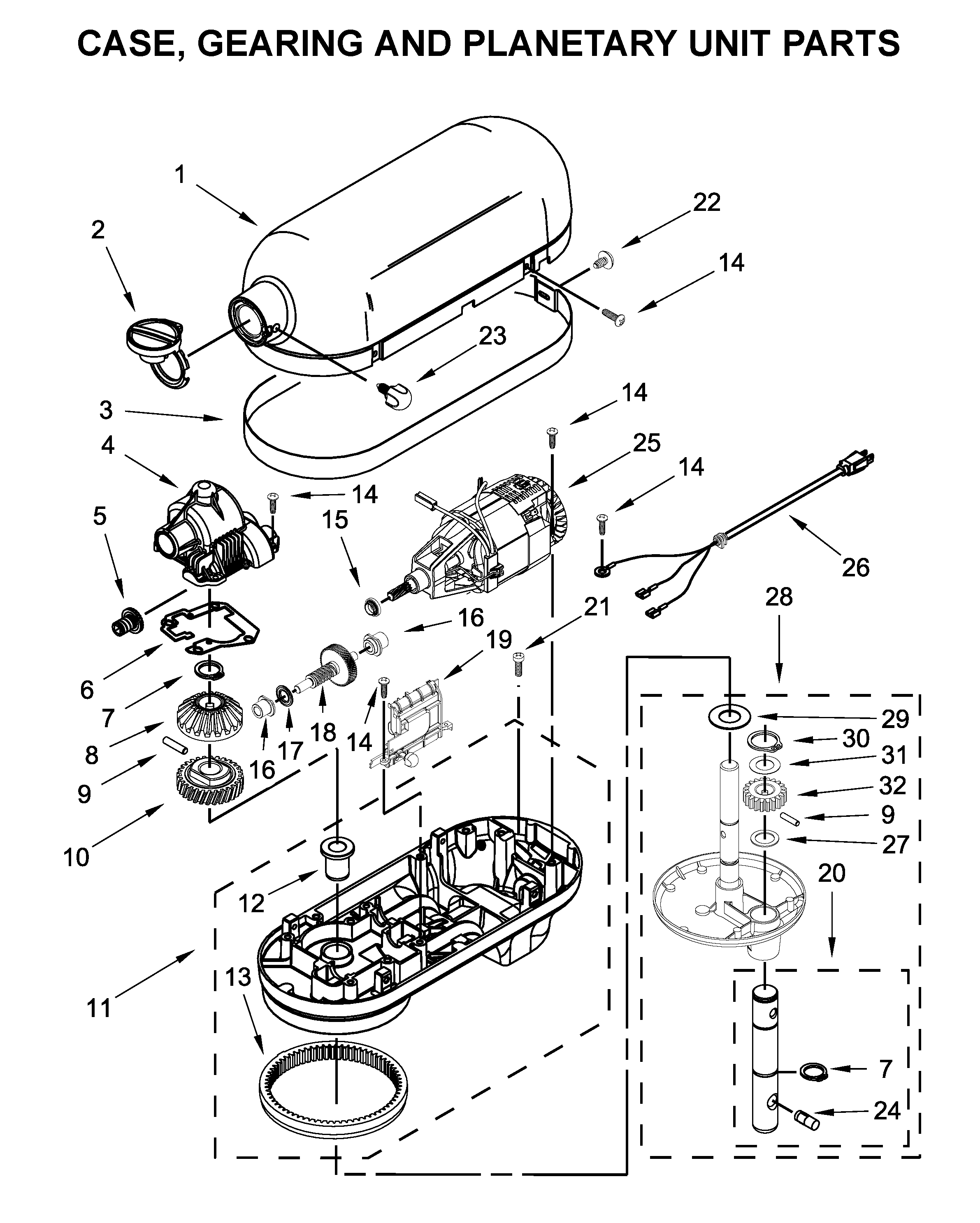 KitchenAid 4KP26M1XMC5 case, gearing and planetary unit parts diagram