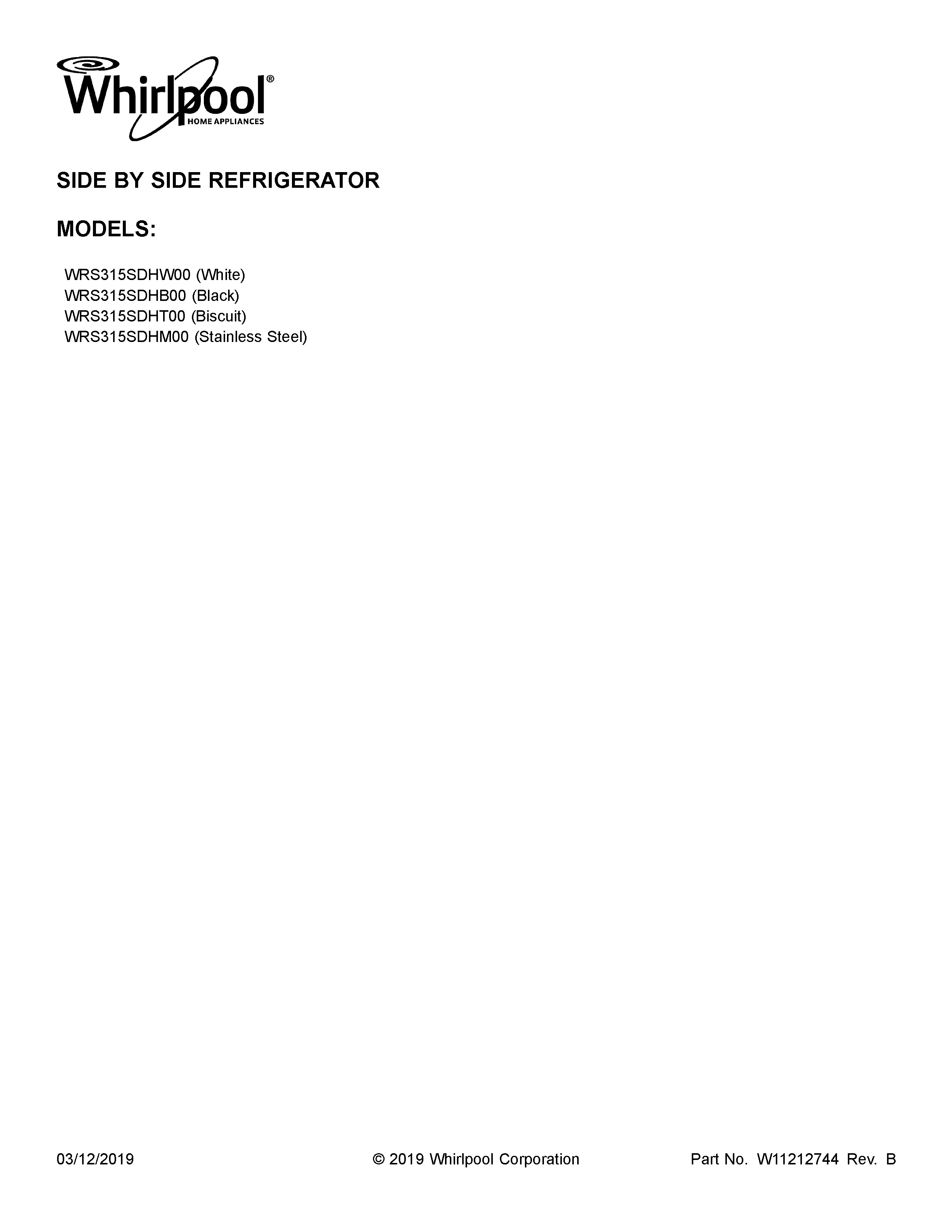 Whirlpool WRS315SDHT00 cover sheet diagram