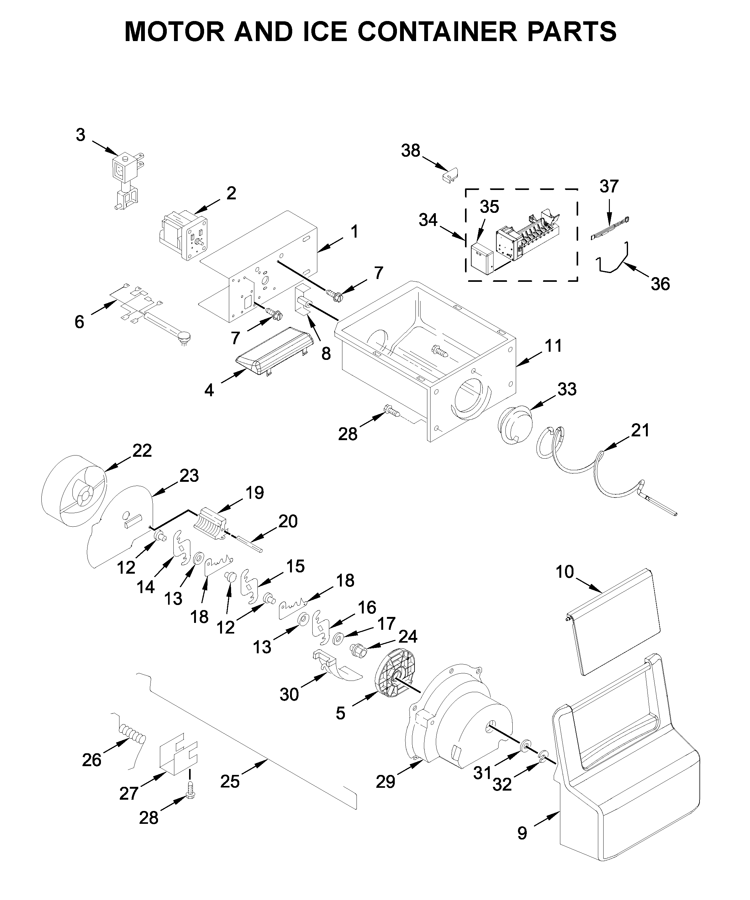 Whirlpool WRS315SDHZ01 motor and ice container parts diagram