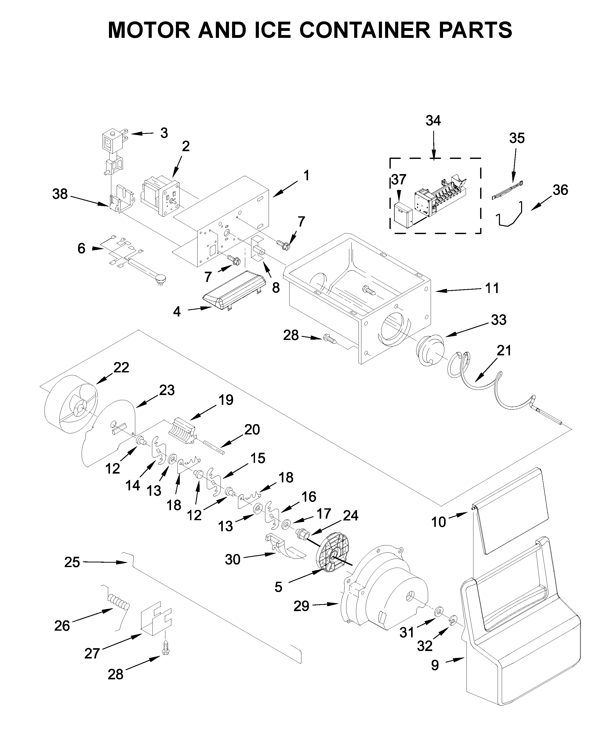 Whirlpool WRS311SDHB00 motor and ice container parts diagram