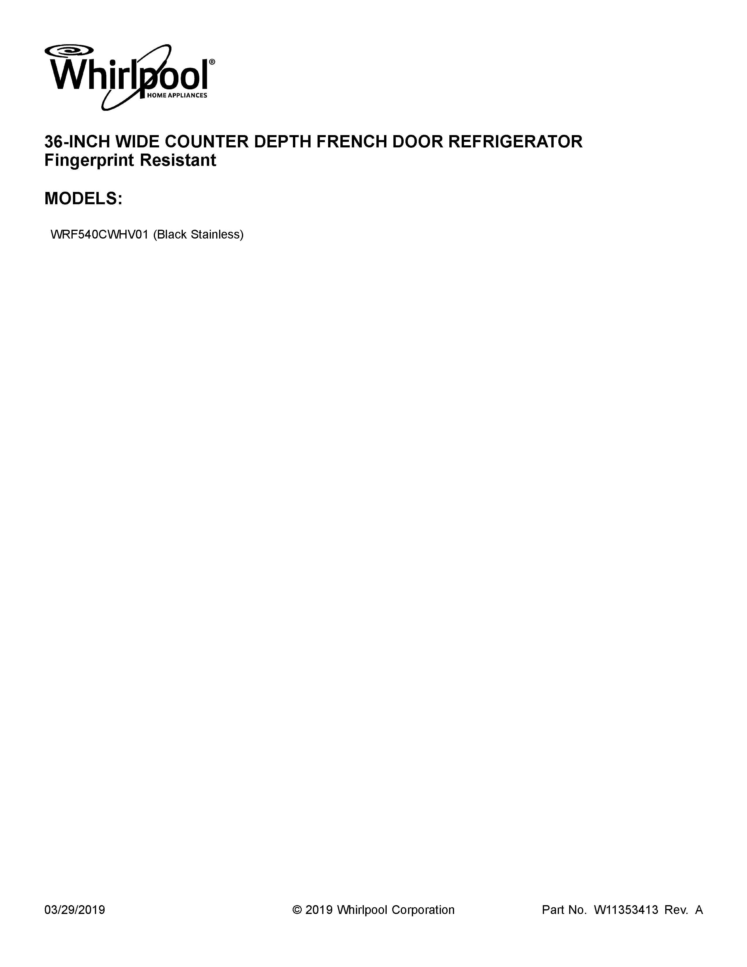 Whirlpool WRF540CWHV01 cover sheet diagram