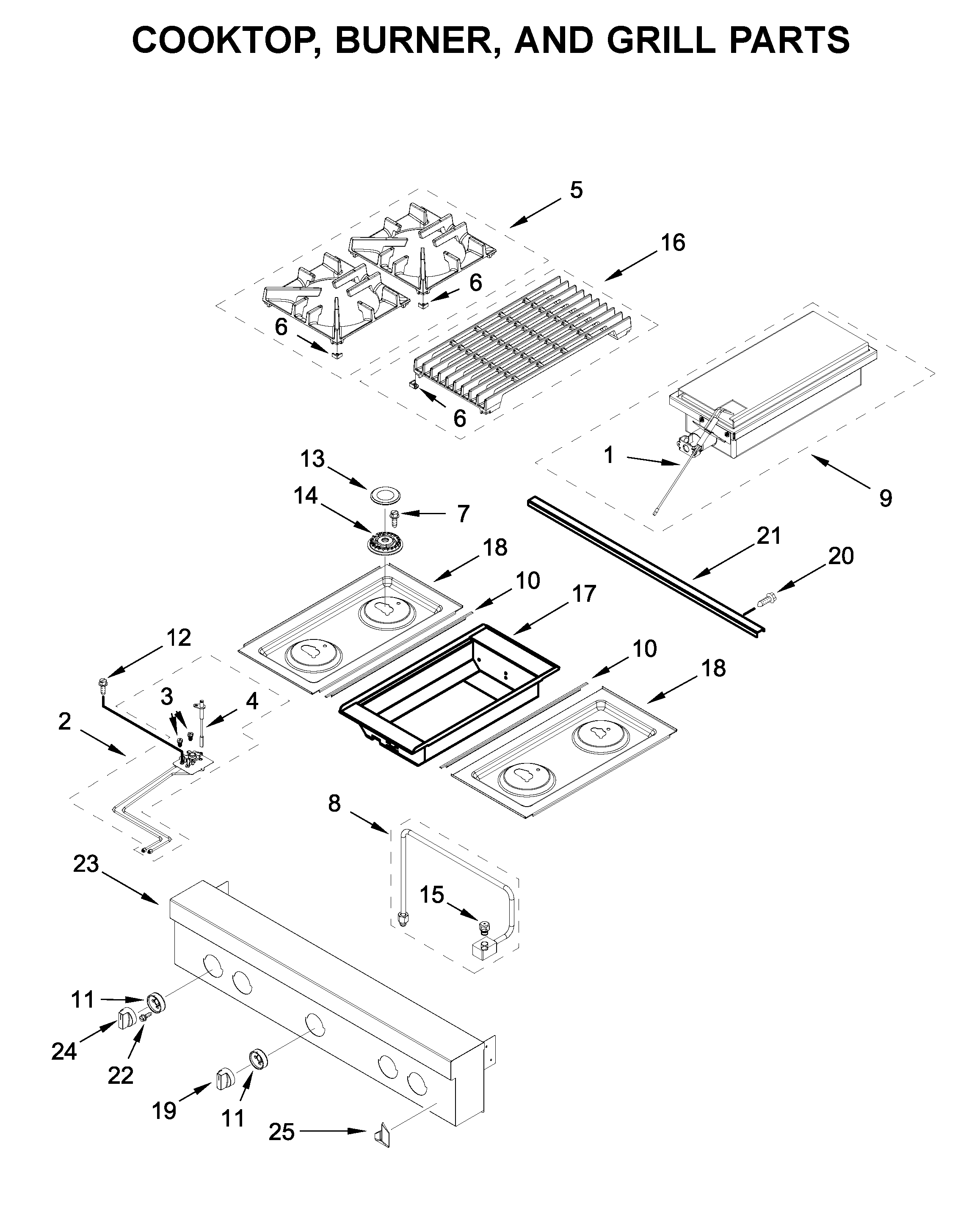 Jenn-Air JGCP636HL00 cooktop, burner, and grill parts diagram