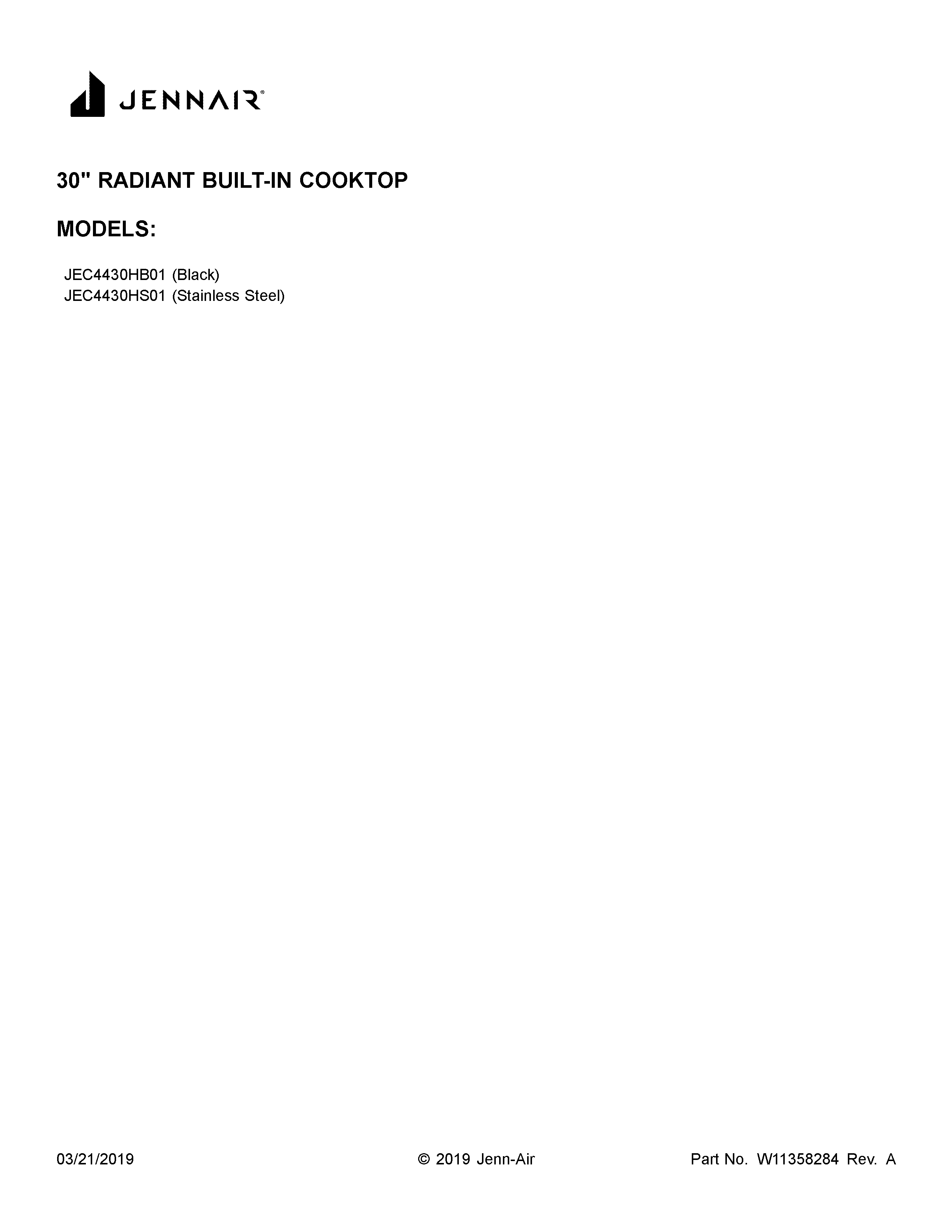 Jenn-Air JEC4430HB01 cover sheet diagram