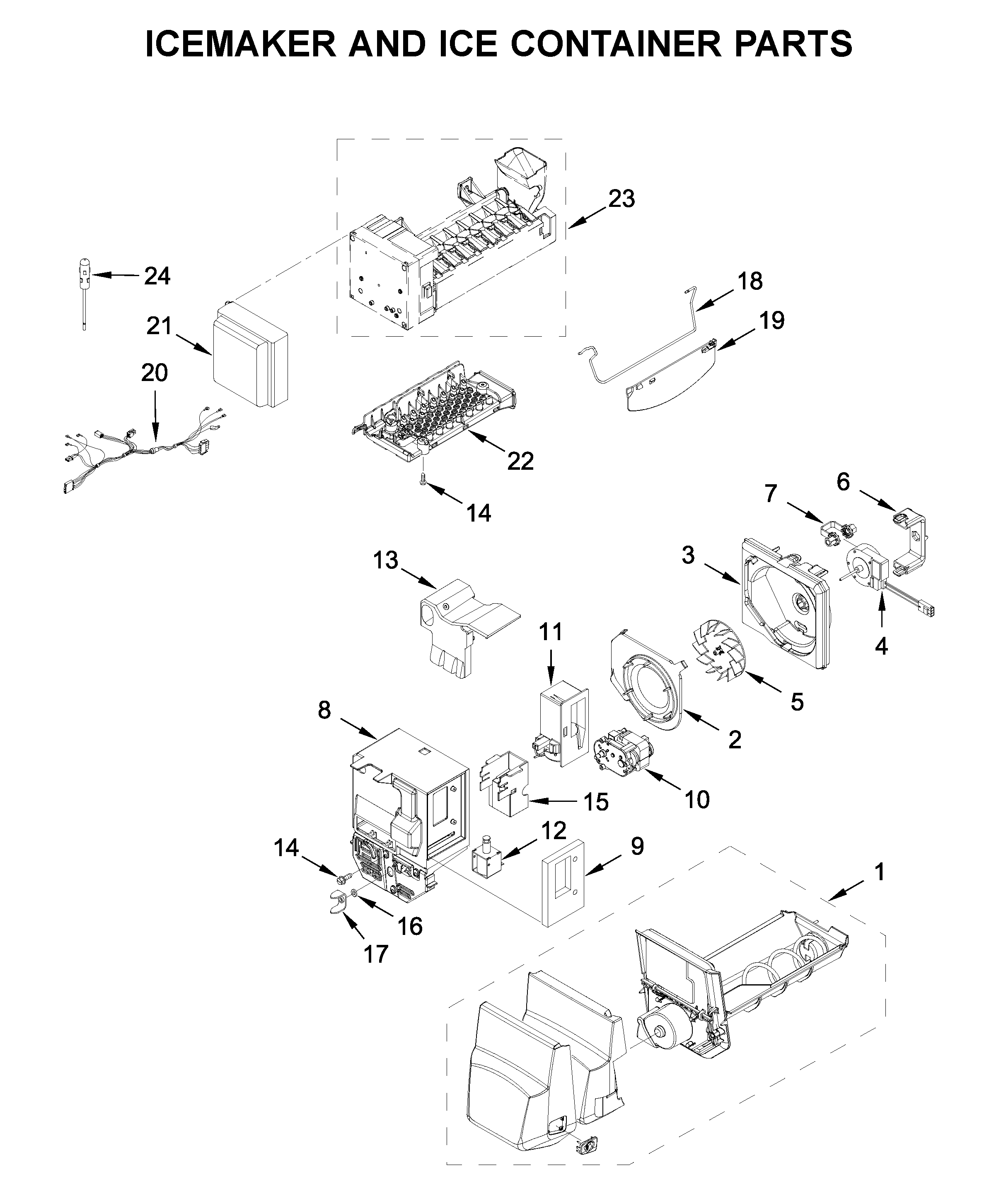 Maytag MFI2570FEW02 icemaker and ice container parts diagram