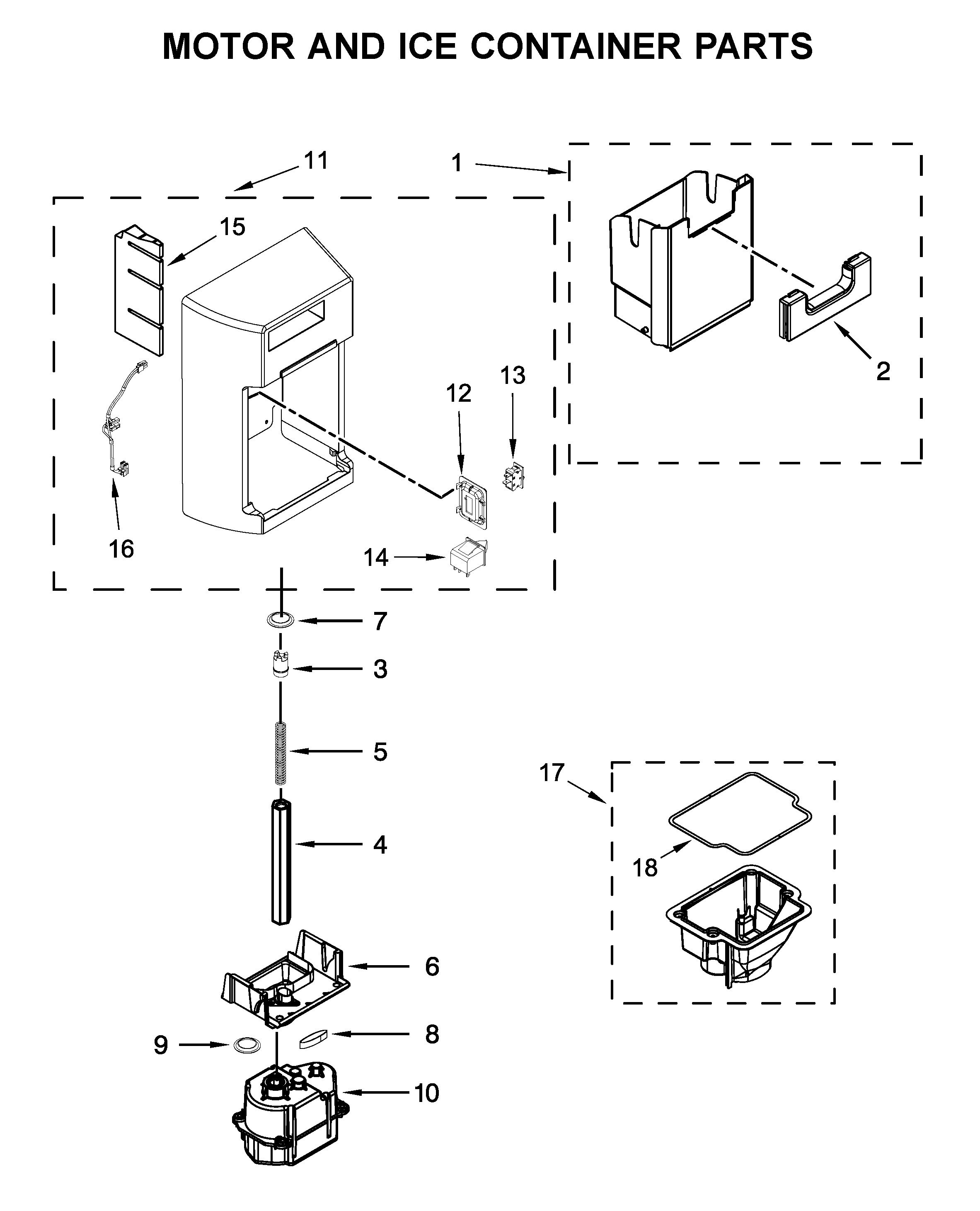 Whirlpool WRS576FIDW01 motor and ice container parts diagram
