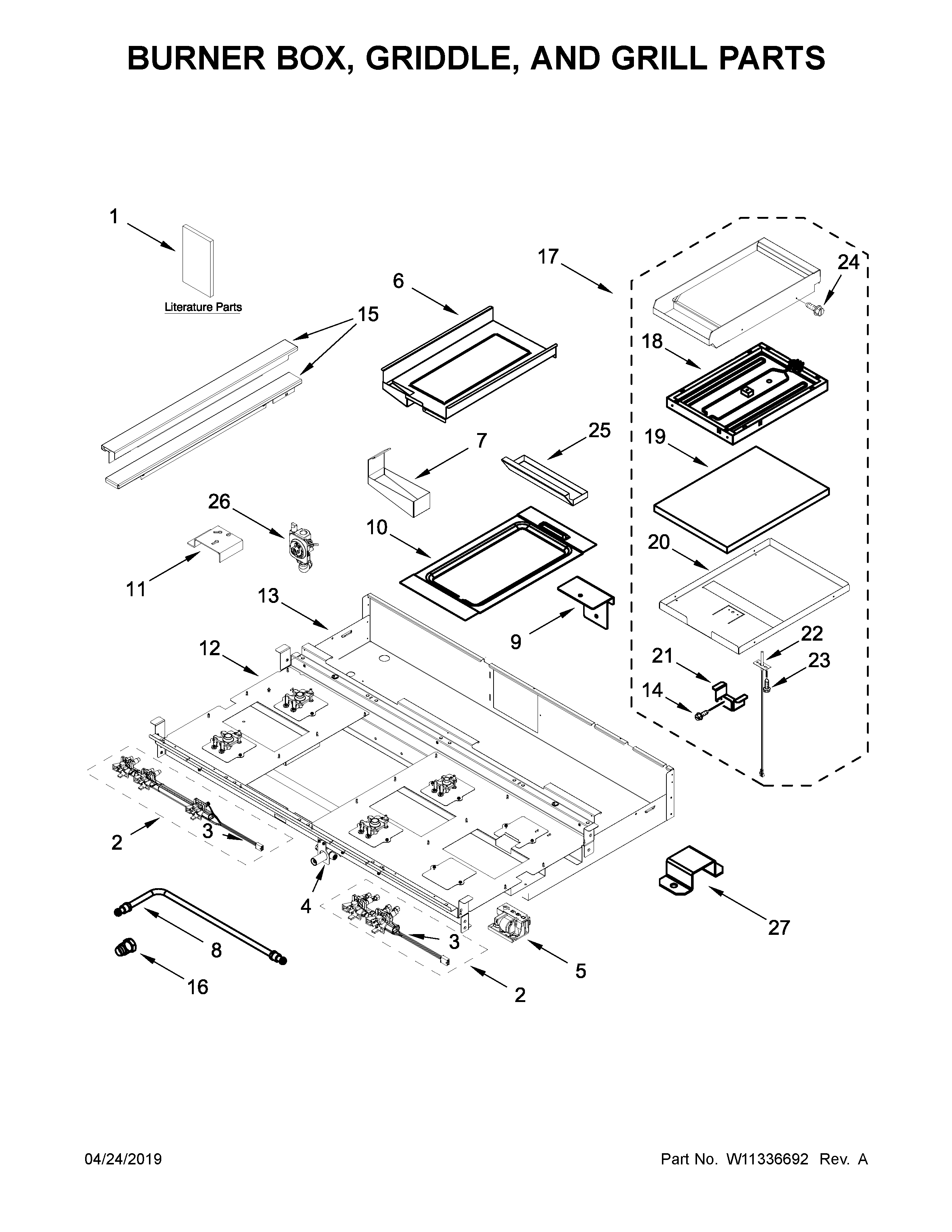 Jenn-Air JGCP748HL00 burner box, griddle, and grill parts diagram