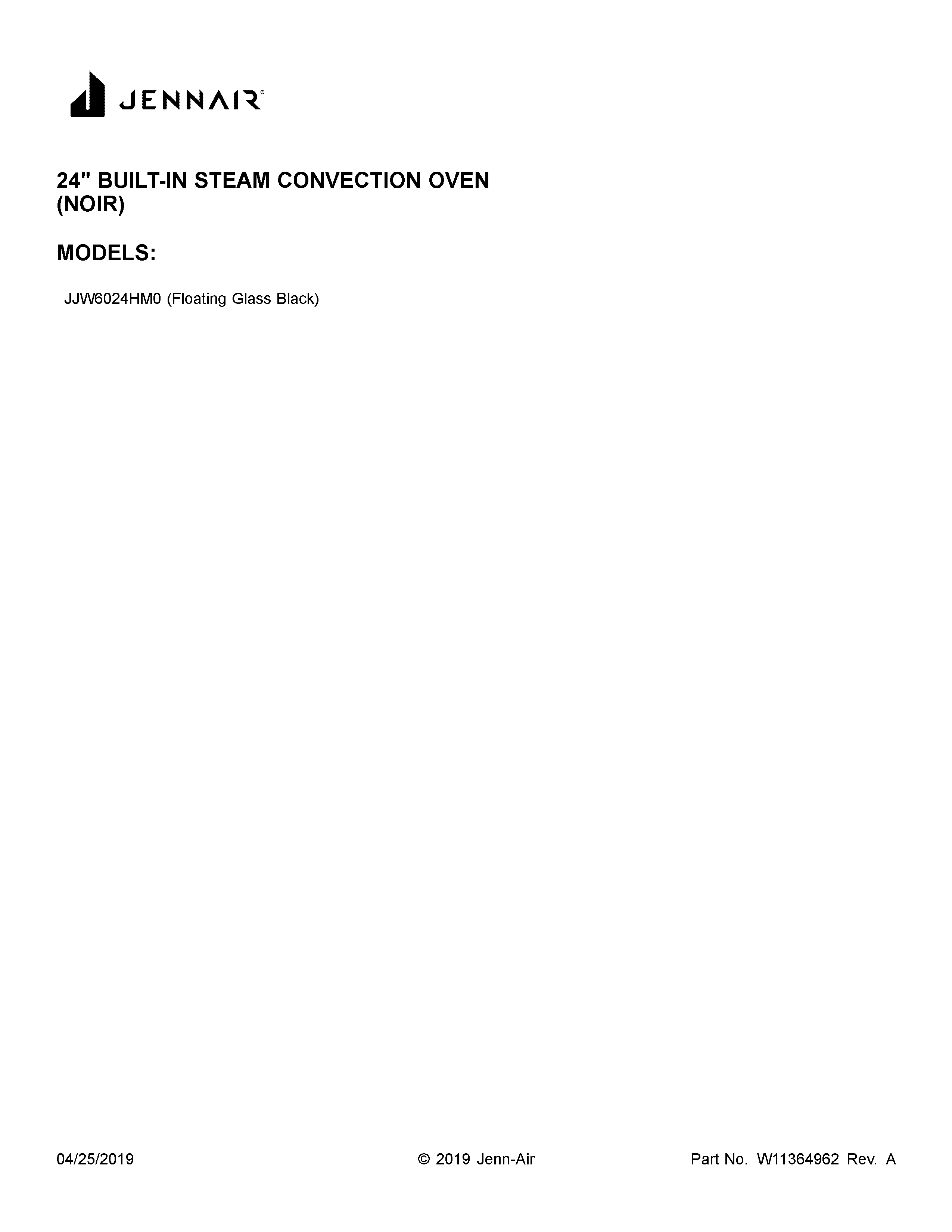 Jenn-Air JJW6024HM0 cover sheet diagram