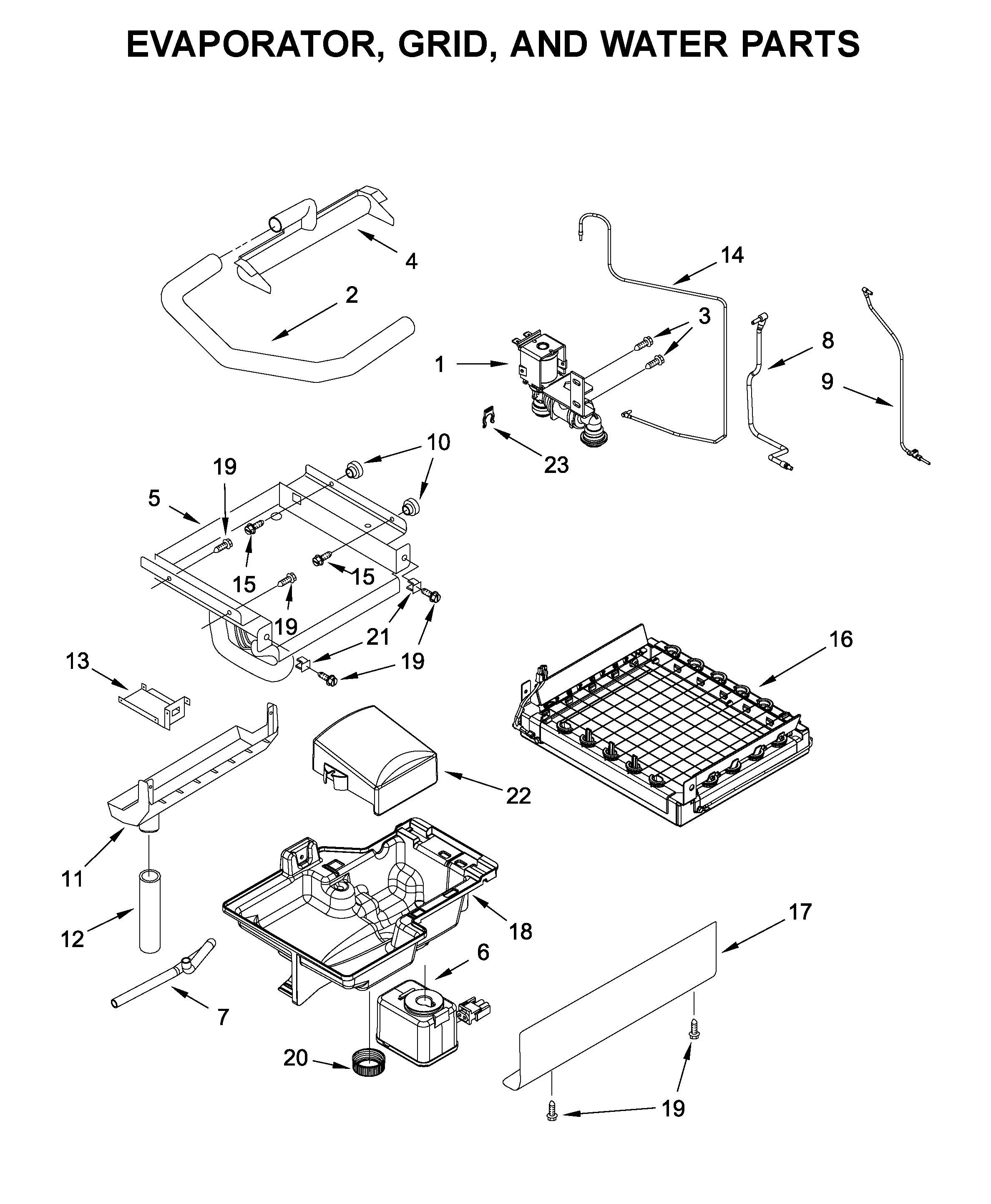 KitchenAid KUID508HPS00 evaporator, grid, and water parts diagram