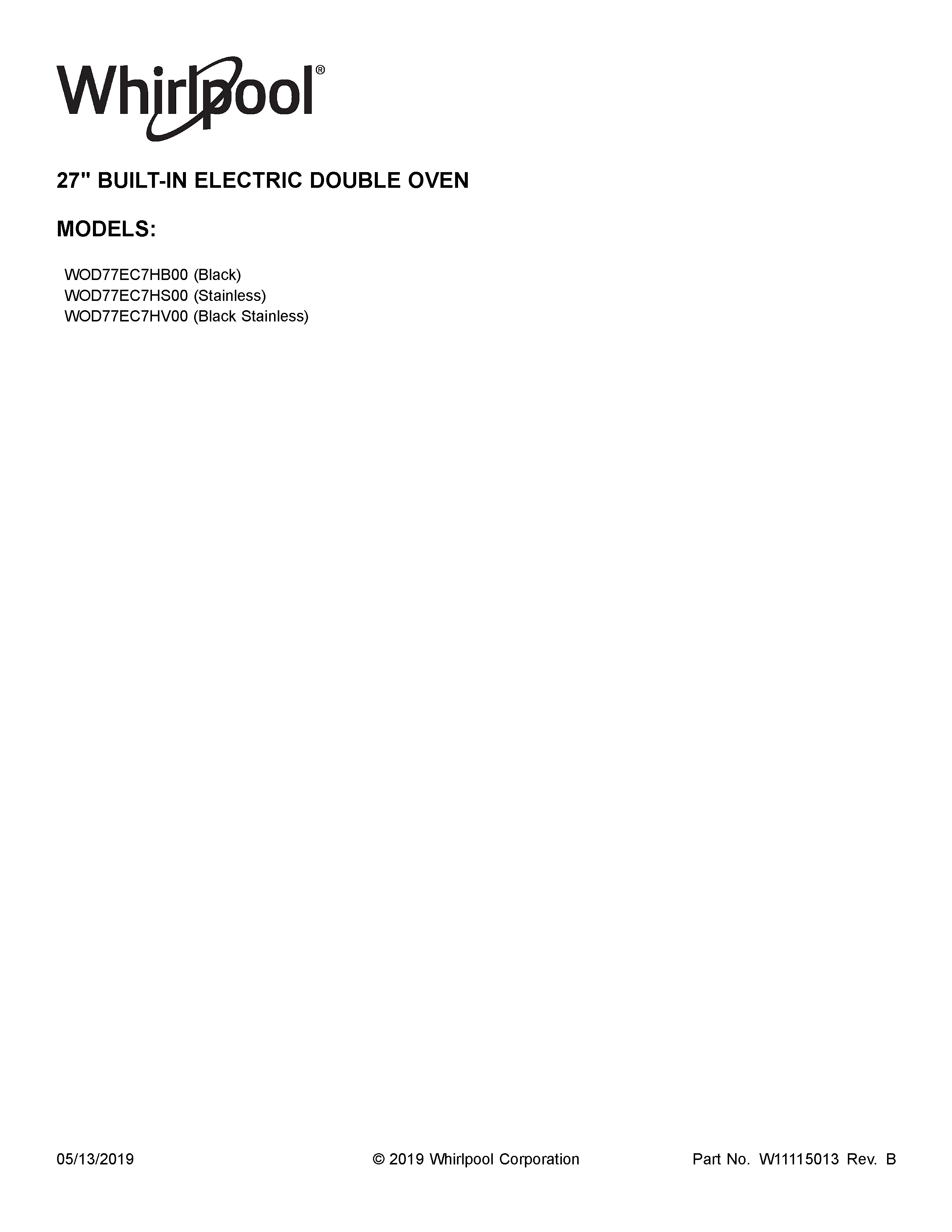 Whirlpool WOD77EC7HV00 cover sheet diagram